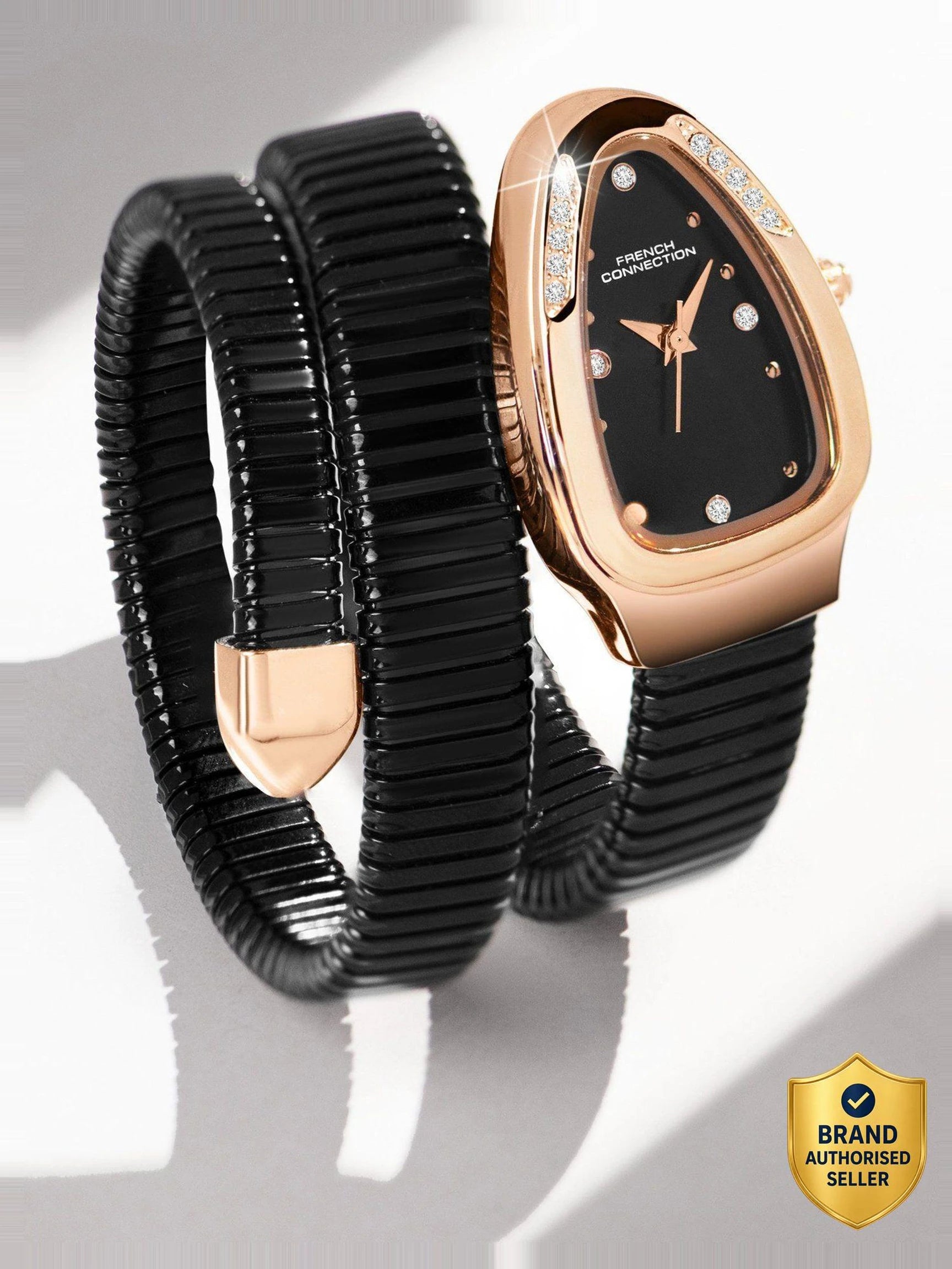 French Connection The Mystic Curve Women's Black Watch | Rhinestones Black Sunray Dial Analog Watch – For Women FCN0110BM