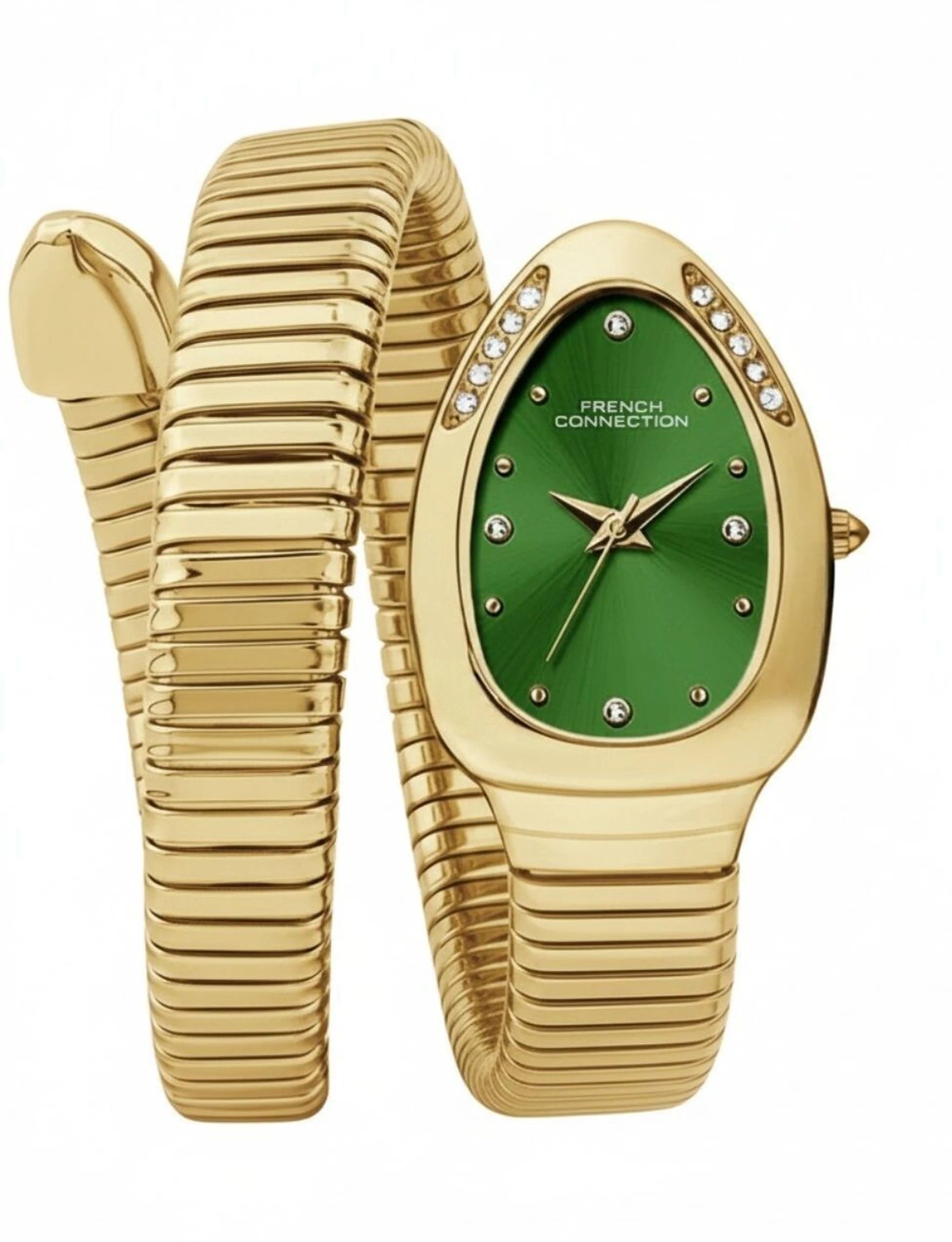 French Connection The Mystic Curve Women's Gold Watch | Rhinestones Green Sunray Dial Analog Watch – For Women FCN0110GM