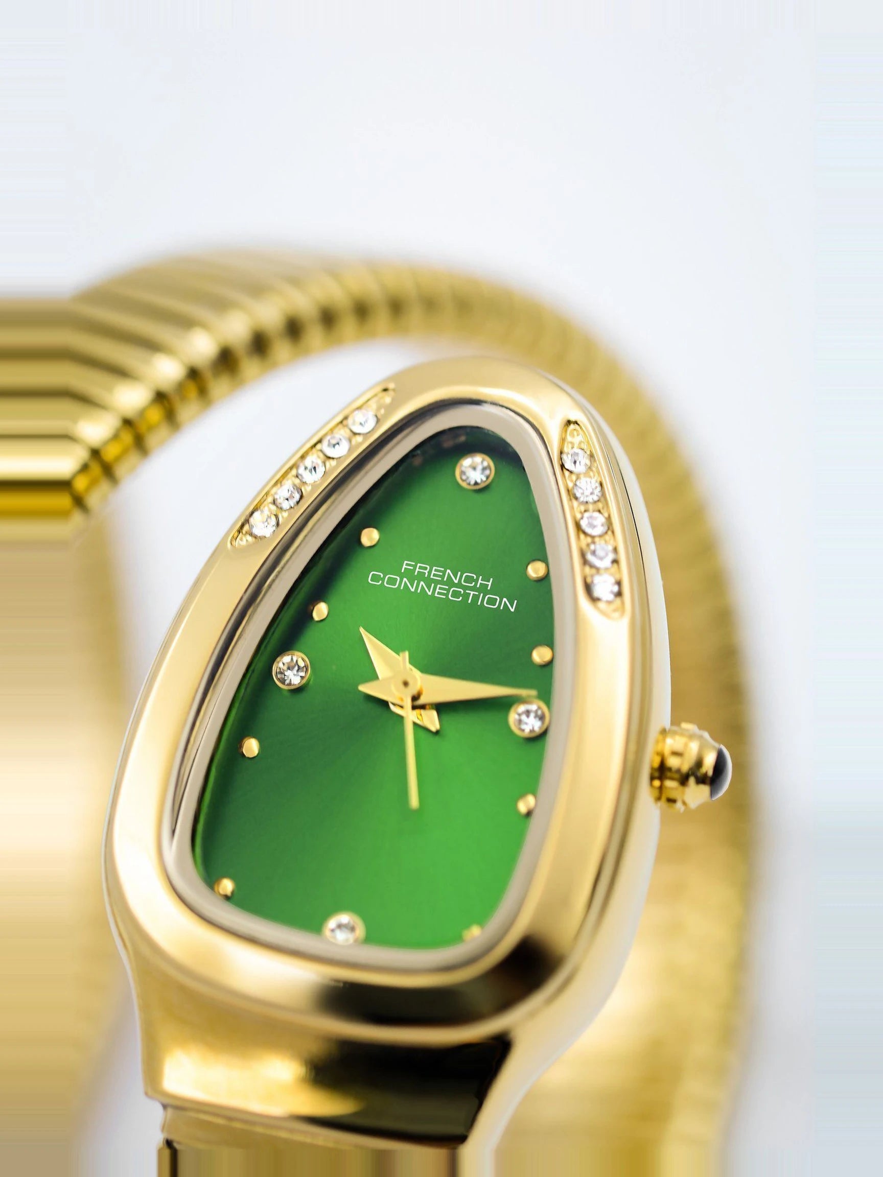 French Connection The Mystic Curve Women's Gold Watch | Rhinestones Green Sunray Dial Analog Watch – For Women FCN0110GM
