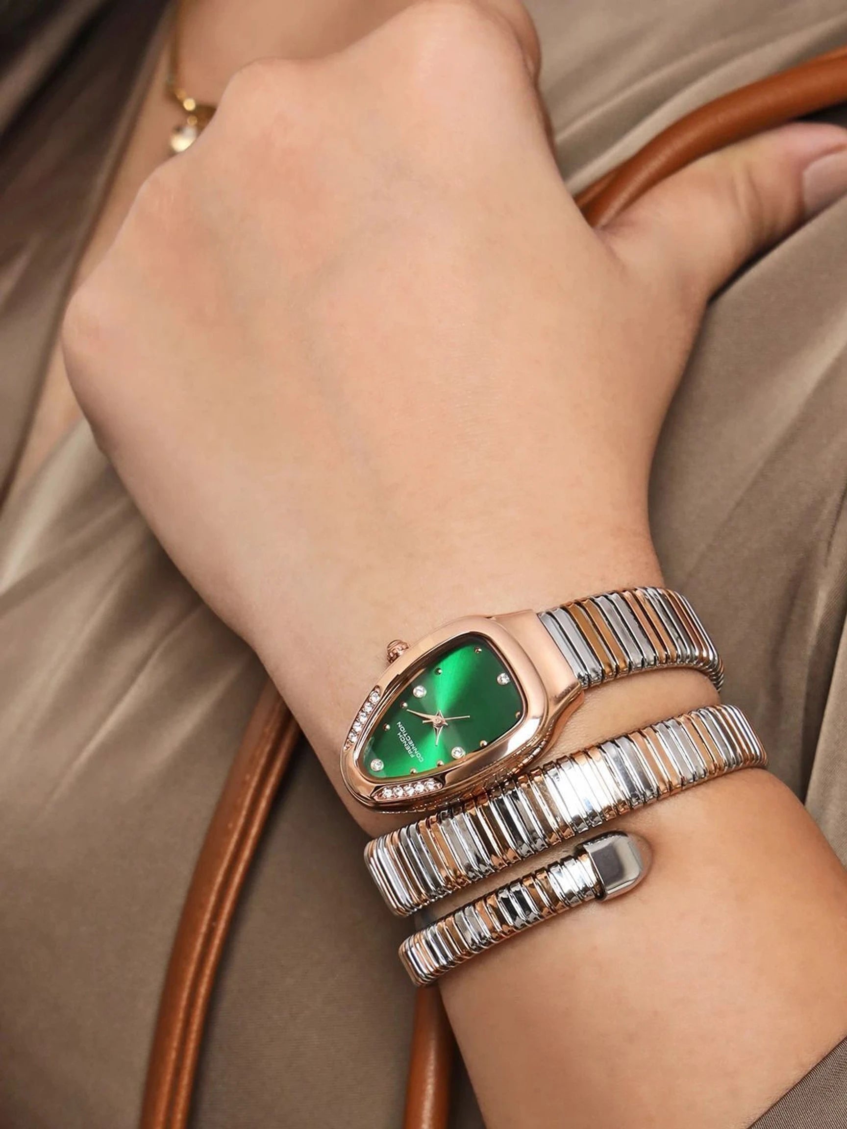 French Connection The Mystic Curve Women's Rose Gold Watch | Rhinestones Green Sunray Dial Analog Watch – For Women FCN0110NRTM