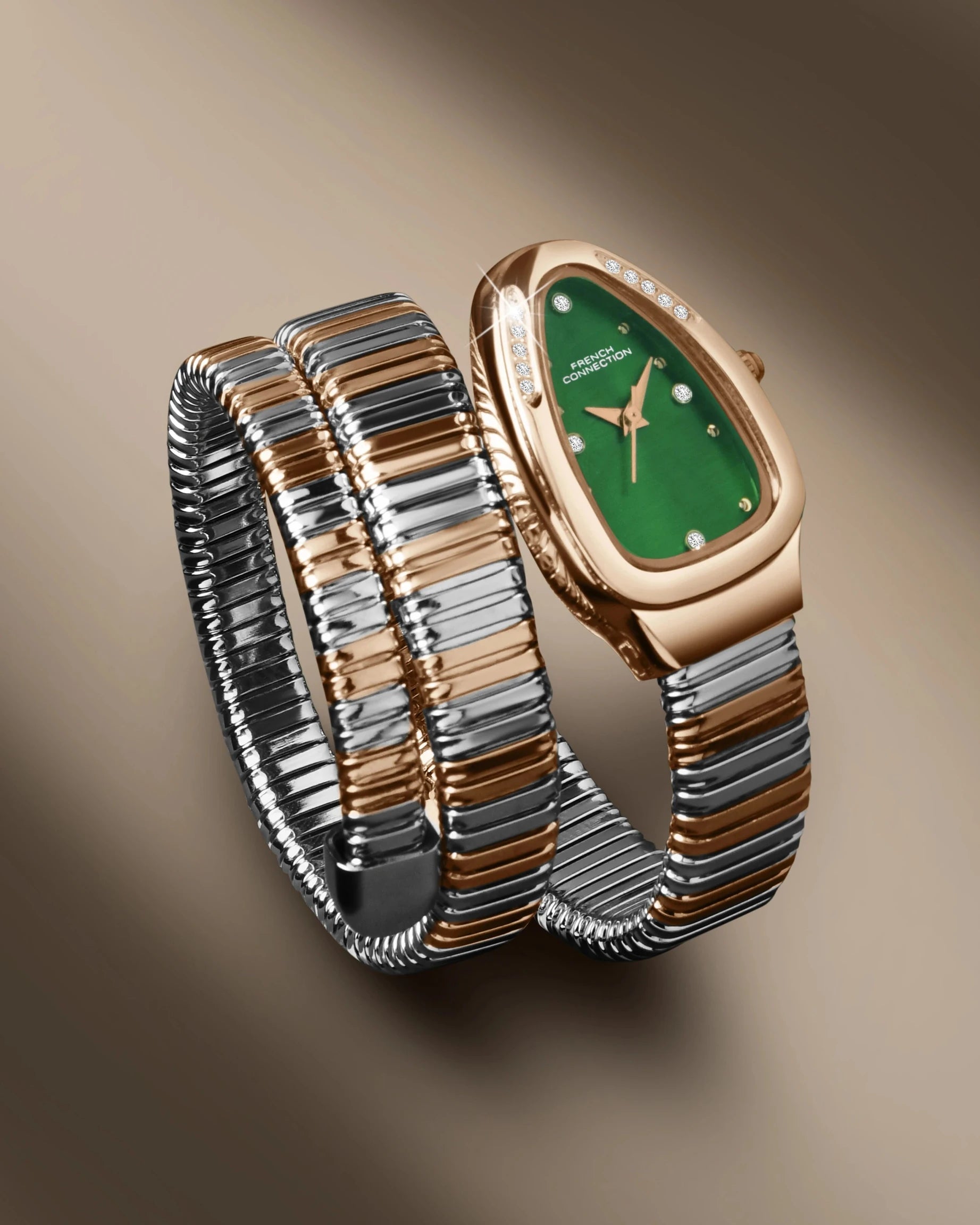 French Connection The Mystic Curve Women's Rose Gold Watch | Rhinestones Green Sunray Dial Analog Watch – For Women FCN0110NRTM