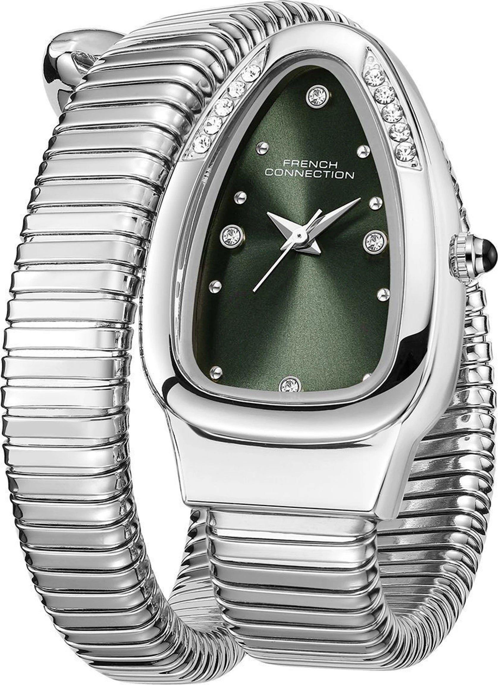 French Connection The Mystic Curve Women's Silver Watch | Rhinestones Green Sunray Dial Analog Watch – For Women FCN0110NSM