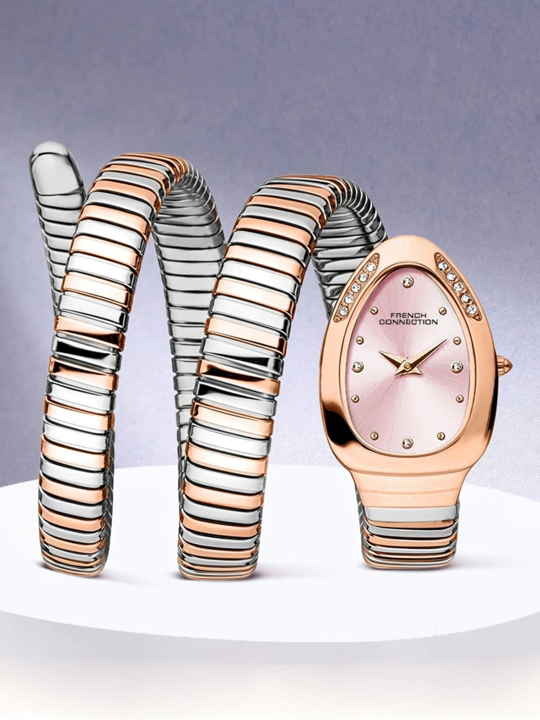 French Connection The Mystic Curve Women's Rose Gold Watch | Rhinestones Pink Sunray Dial Analog Watch – For Women FCN0110RTM