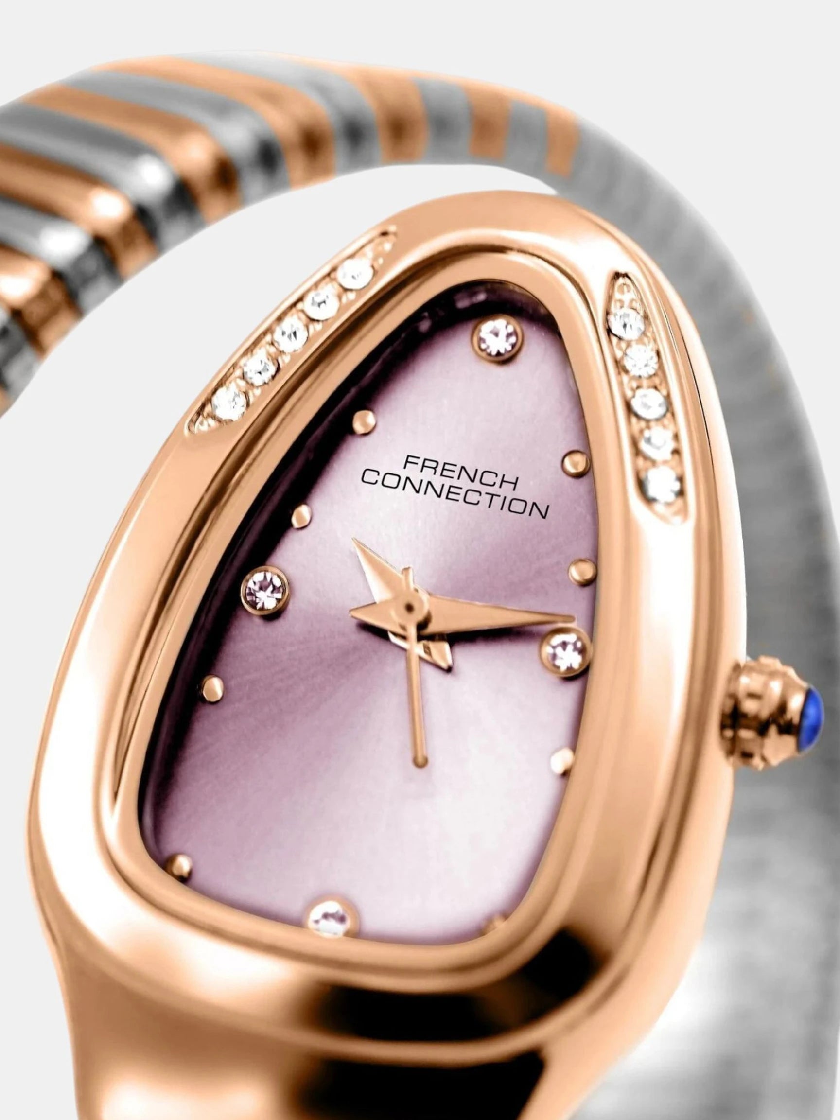French Connection The Mystic Curve Women's Rose Gold Watch | Rhinestones Pink Sunray Dial Analog Watch – For Women FCN0110RTM