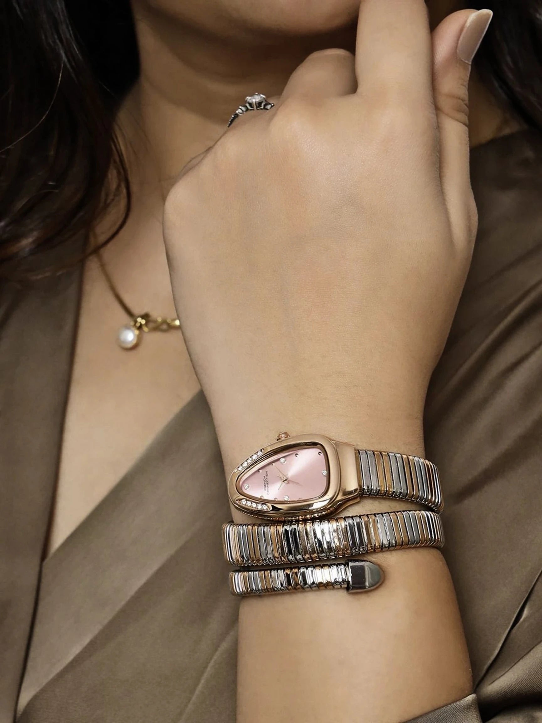 French Connection The Mystic Curve Women's Rose Gold Watch | Rhinestones Pink Sunray Dial Analog Watch – For Women FCN0110RTM