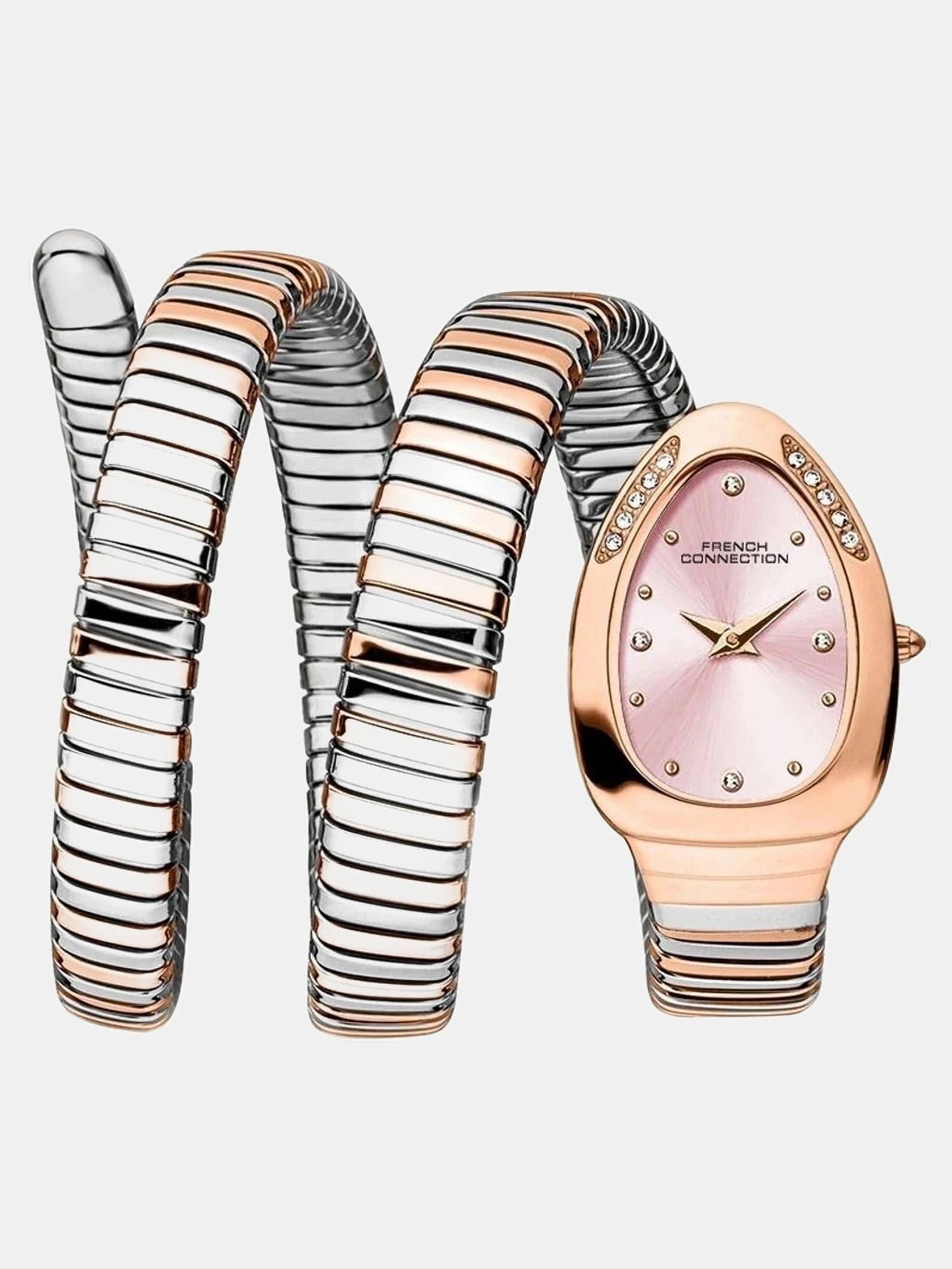 French Connection The Mystic Curve Women's Rose Gold Watch | Rhinestones Pink Sunray Dial Analog Watch – For Women FCN0110RTM