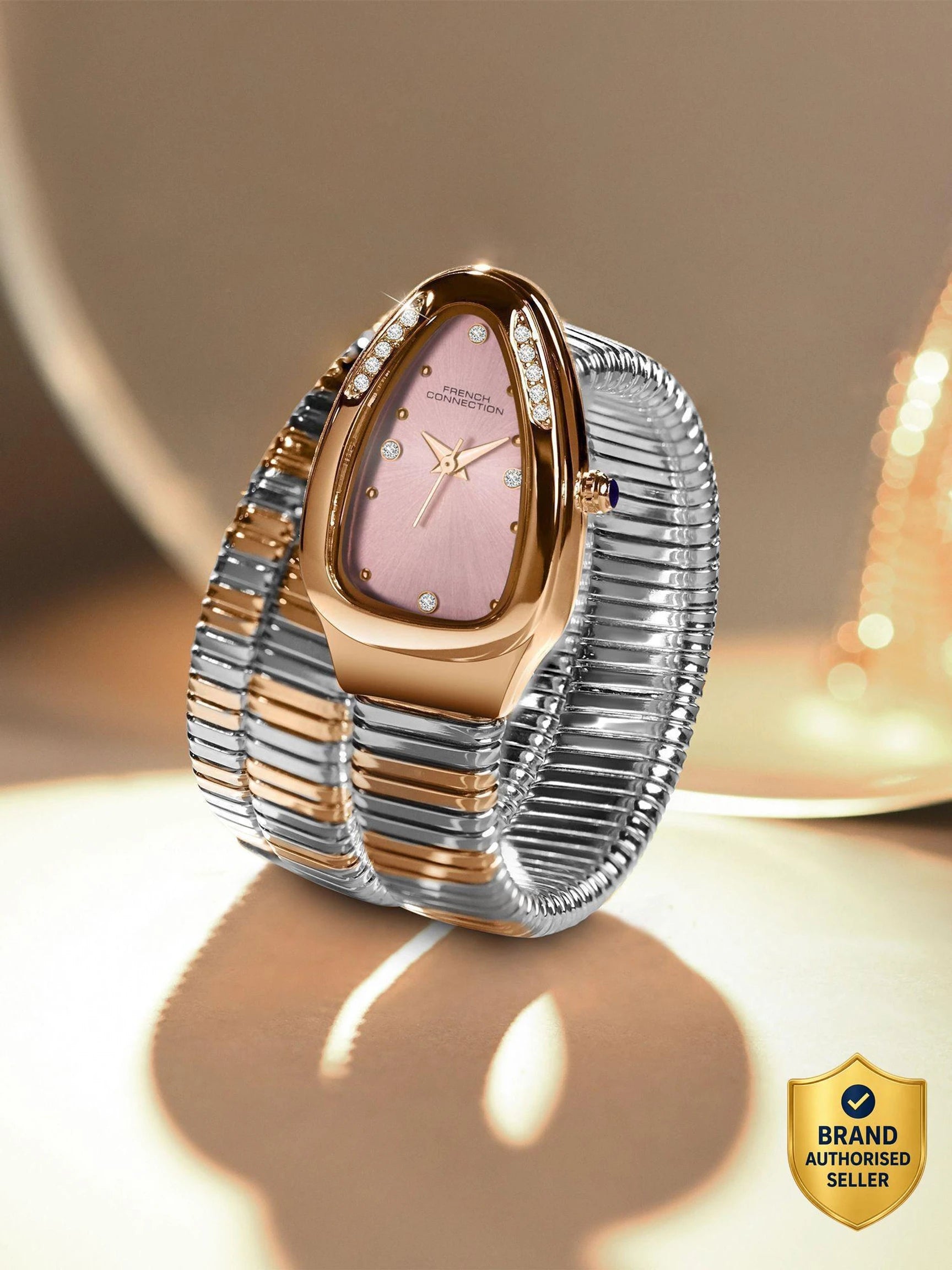 French Connection The Mystic Curve Women's Rose Gold Watch | Rhinestones Pink Sunray Dial Analog Watch – For Women FCN0110RTM