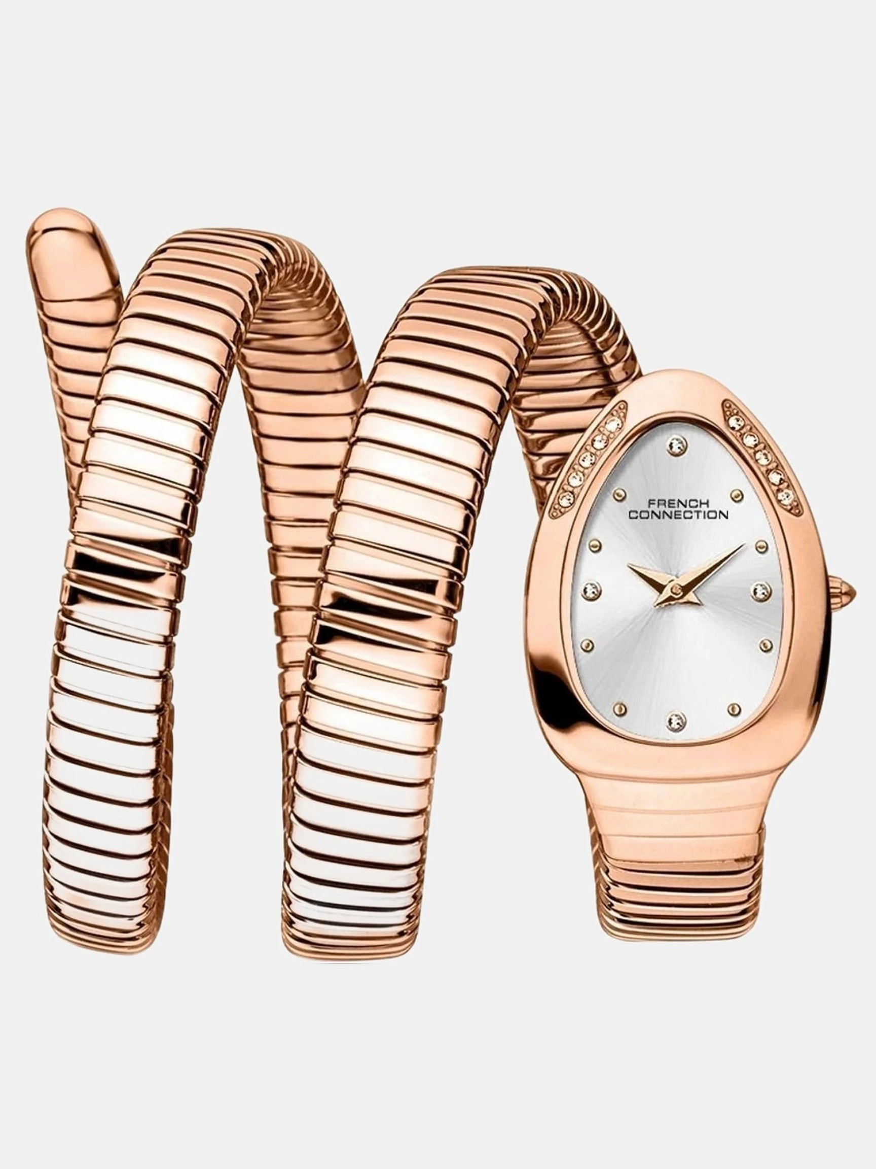 French Connection The Mystic Curve Women's Rose Gold Watch | Rhinestones Silver Sunray Dial Analog Watch – For Women FCN0110SRGM