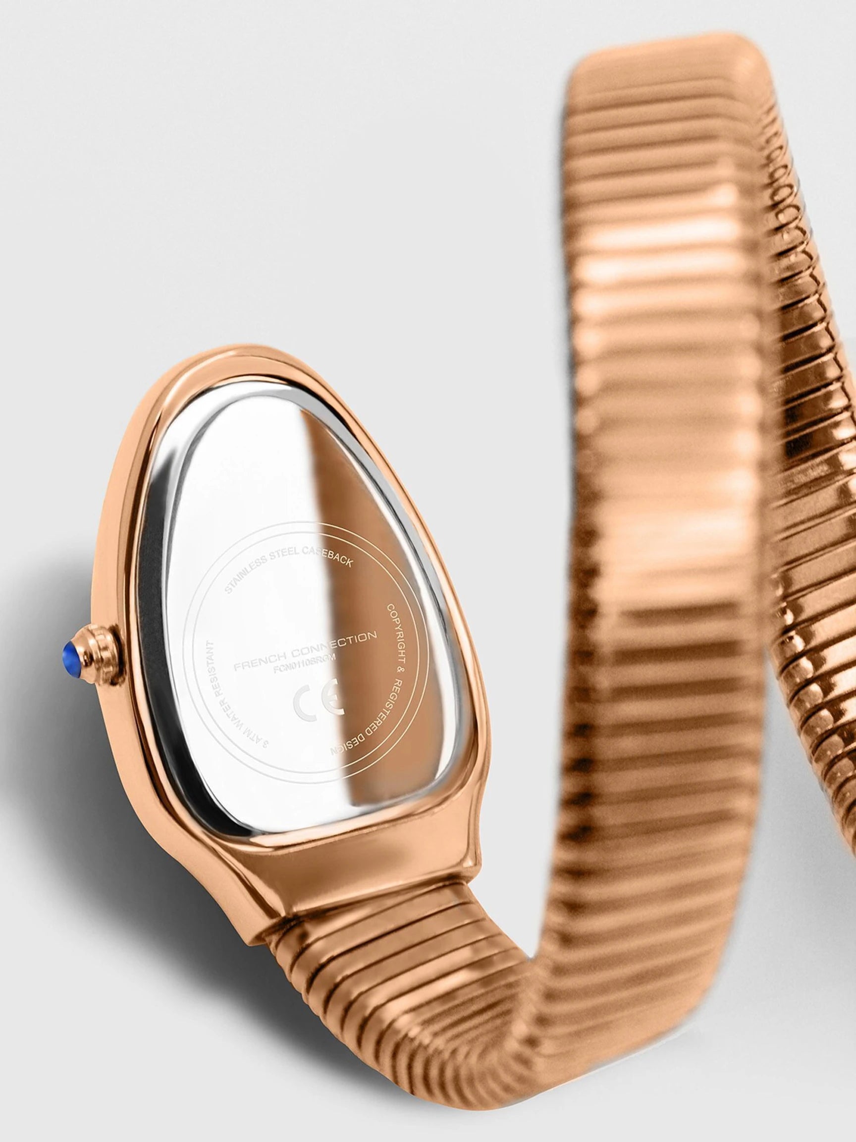 French Connection The Mystic Curve Women's Rose Gold Watch | Rhinestones Silver Sunray Dial Analog Watch – For Women FCN0110SRGM