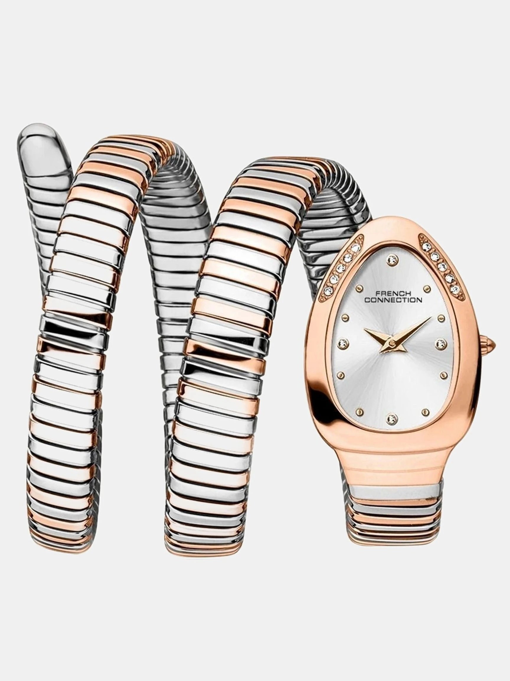 French Connection The Mystic Curve Women's Rose Gold Watch | Rhinestones Silver Sunray Dial Analog Watch – For Women FCN0110SRTM