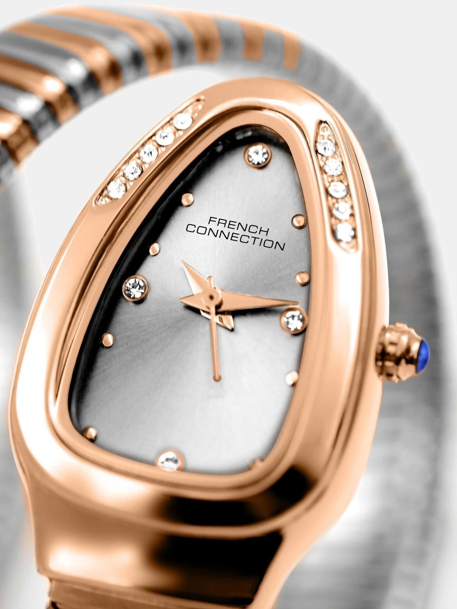French Connection The Mystic Curve Women's Rose Gold Watch | Rhinestones Silver Sunray Dial Analog Watch – For Women FCN0110SRTM