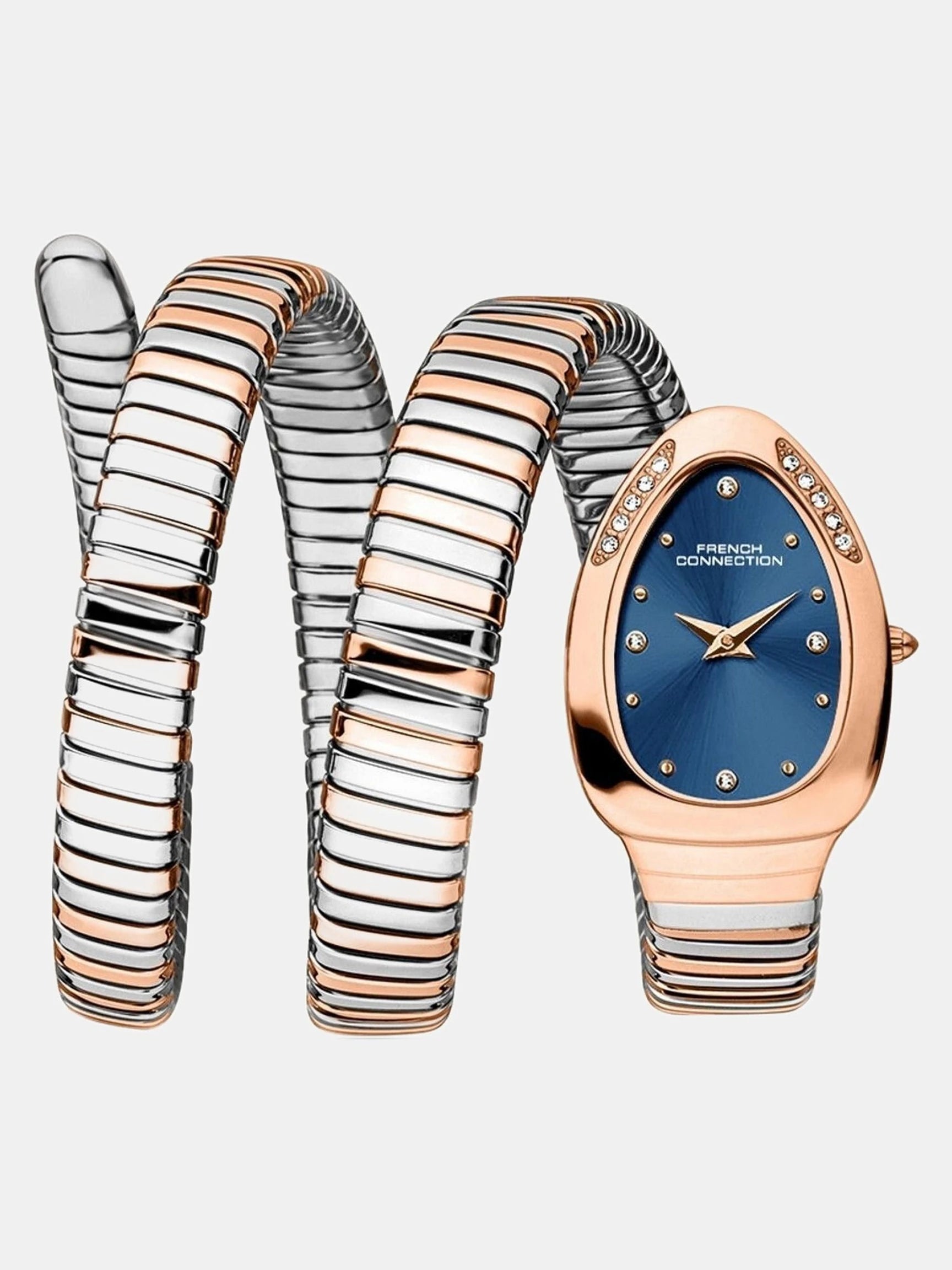 French Connection The Mystic Curve Women's Rose Gold Watch | Rhinestones Blue Sunray Dial Analog Watch – For Women FCN0110URTM