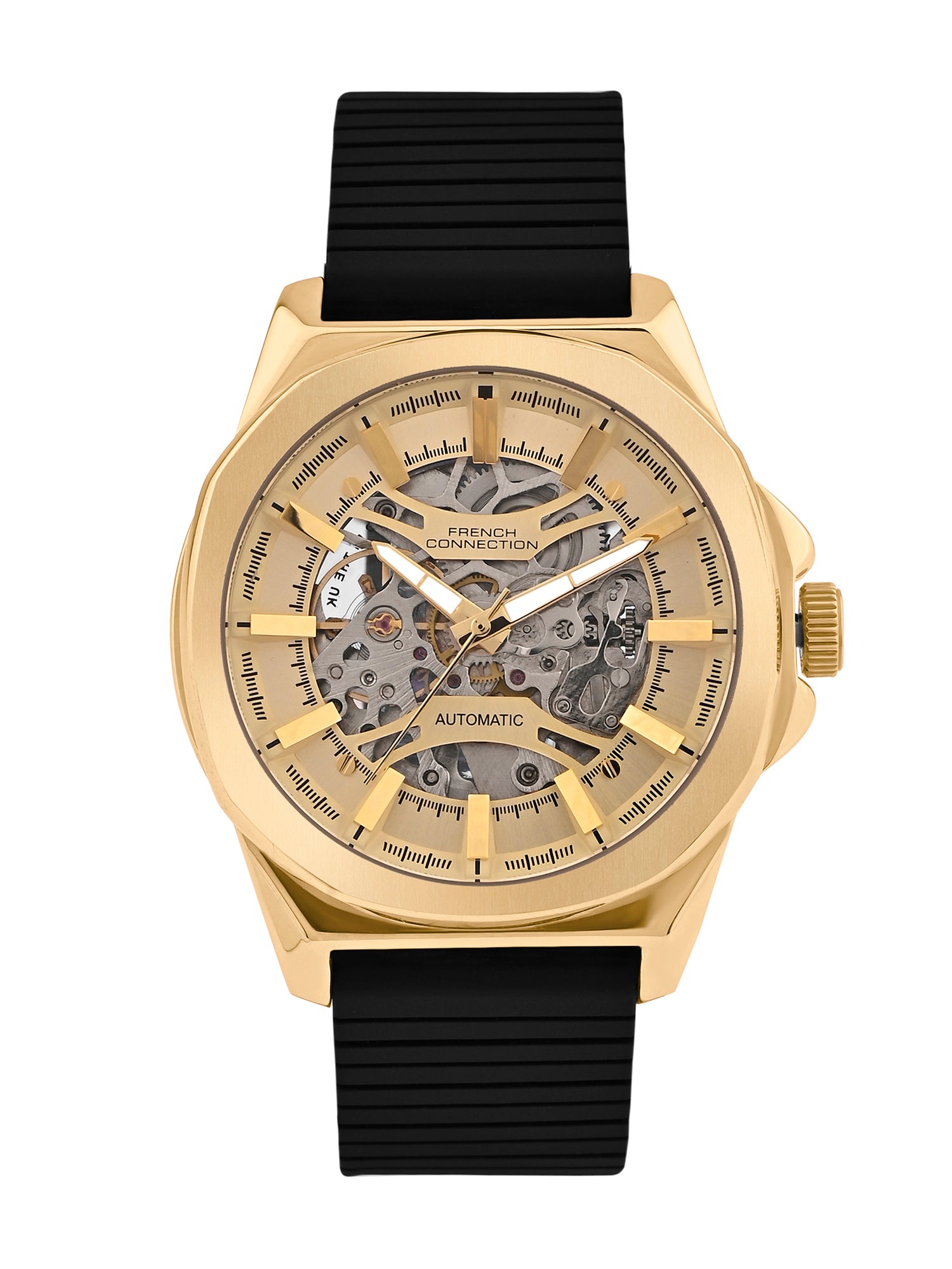 French Connection See Through Champagne Round Dial With Black Silicone Strap Automatic Watch - For Mens FCA23SBL