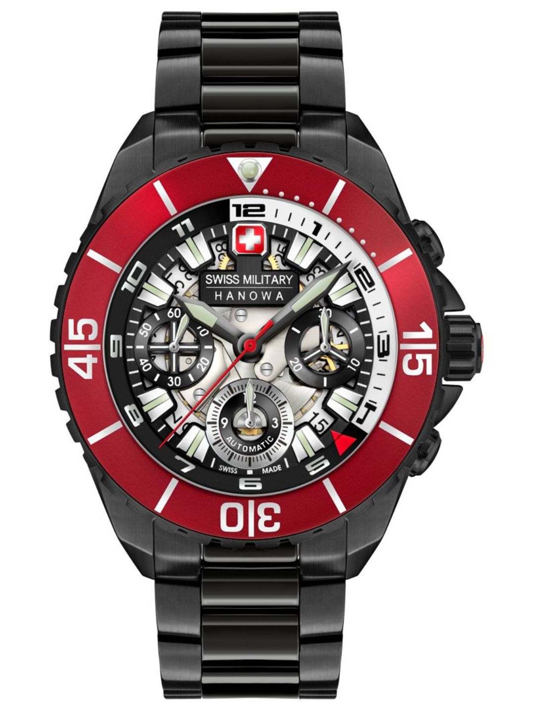 Swiss-Military-Hanowa HANS NOLL Automatic Chronograph Watch with Black Dial & Black Stainless Steel Bracelet for Mens -05-5342.13.007