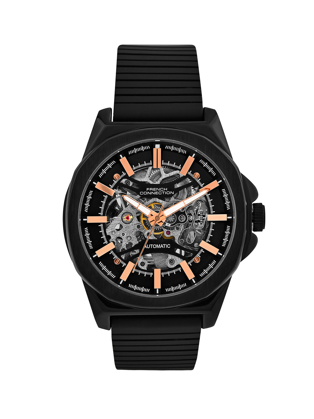 French Connection See Through Black Round Dial With Silicone Strap Automatic Watch - For Mens FCA23BBL