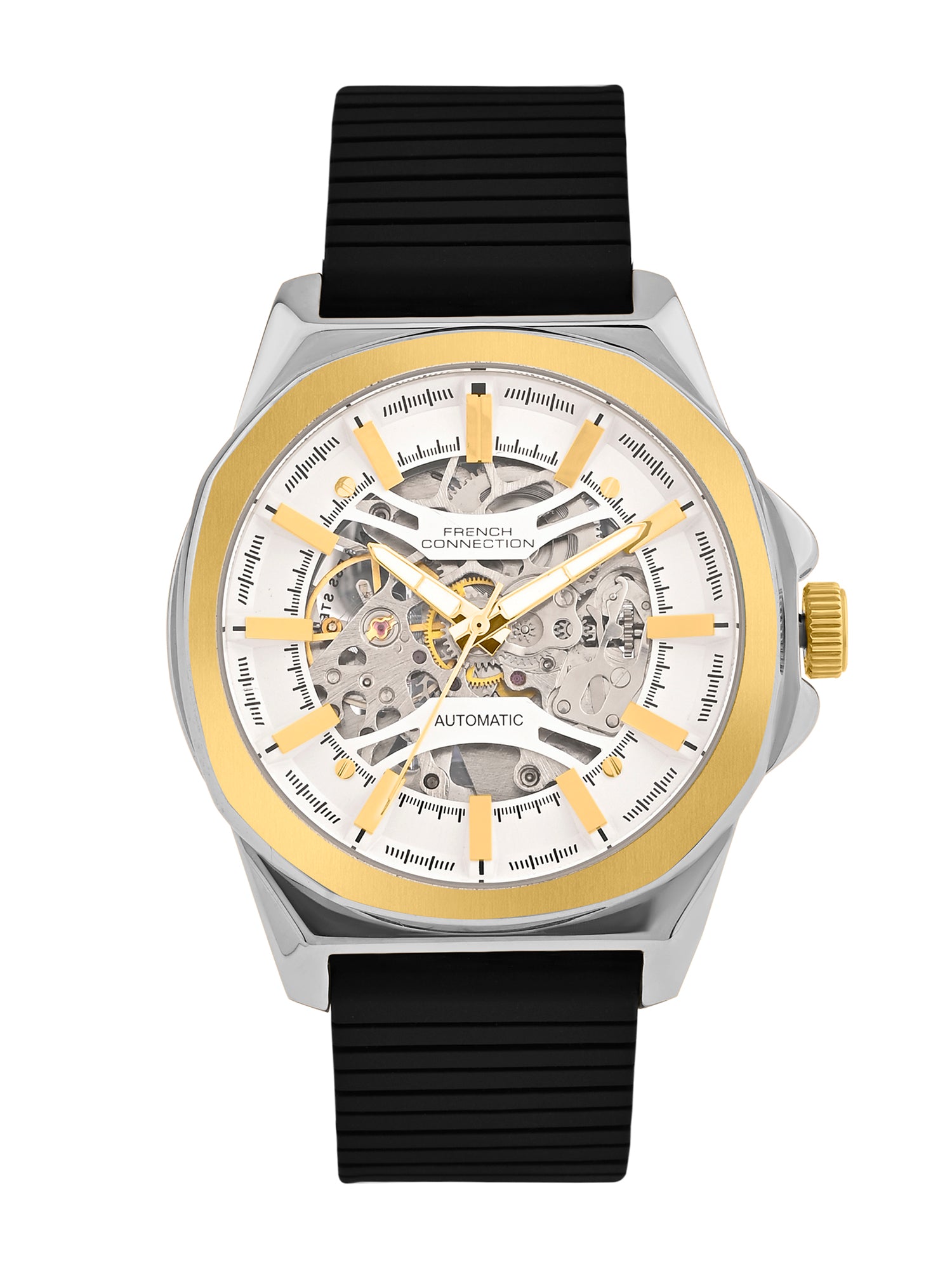 French Connection See Through Silver Round Dial With Black Silicone Strap Automatic Watch - For Mens FCA23BL