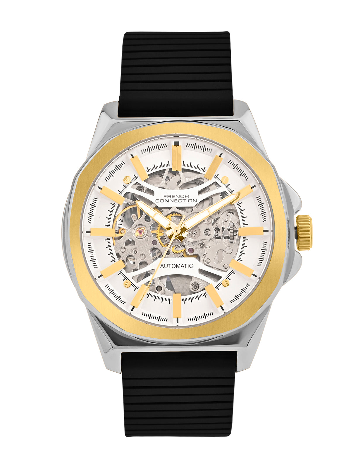 French Connection See Through Silver Round Dial With Black Silicone Strap Automatic Watch - For Mens FCA23BL