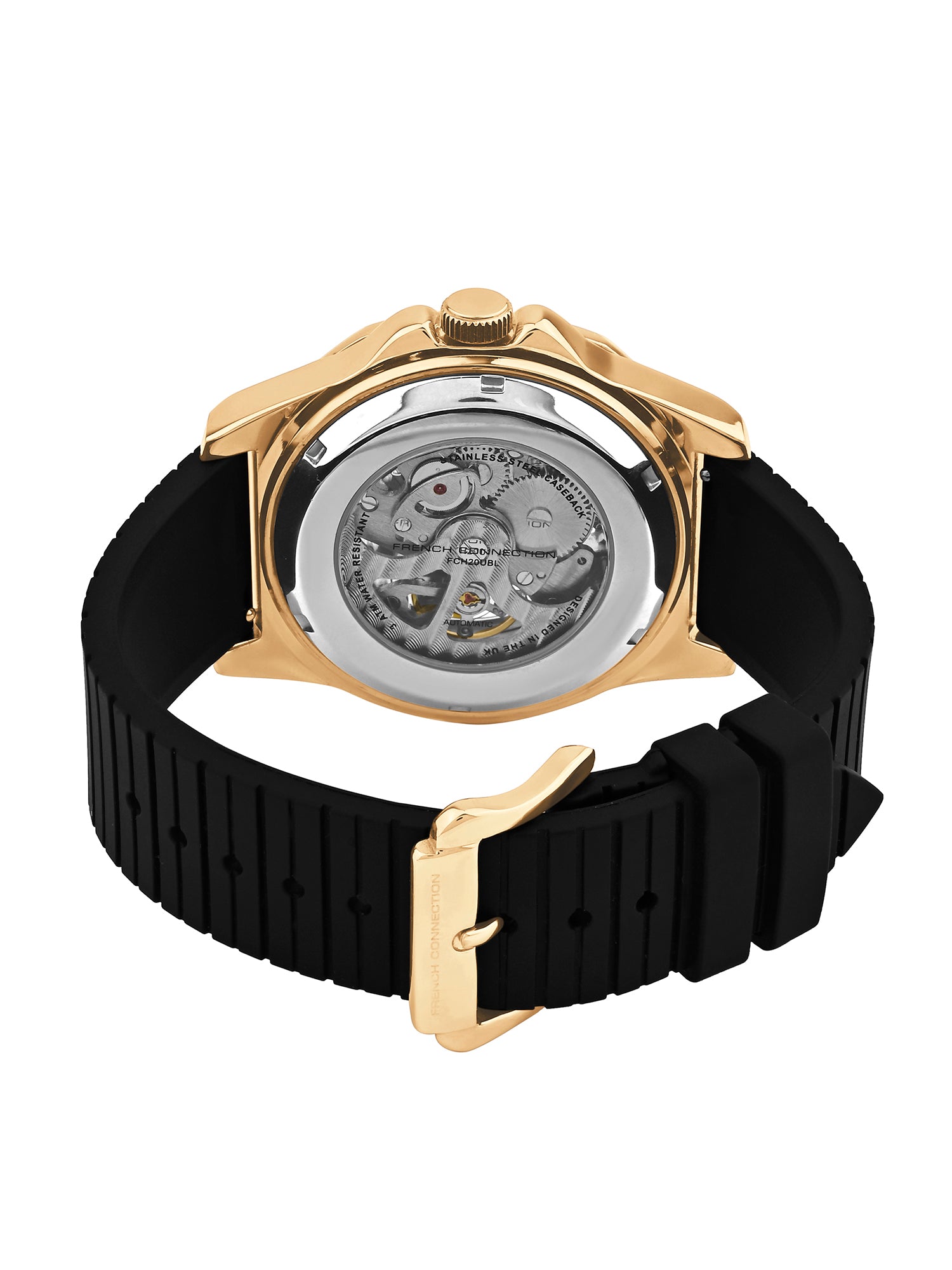 French Connection See Through Champagne Round Dial With Black Silicone Strap Automatic Watch - For Mens FCA23SBL