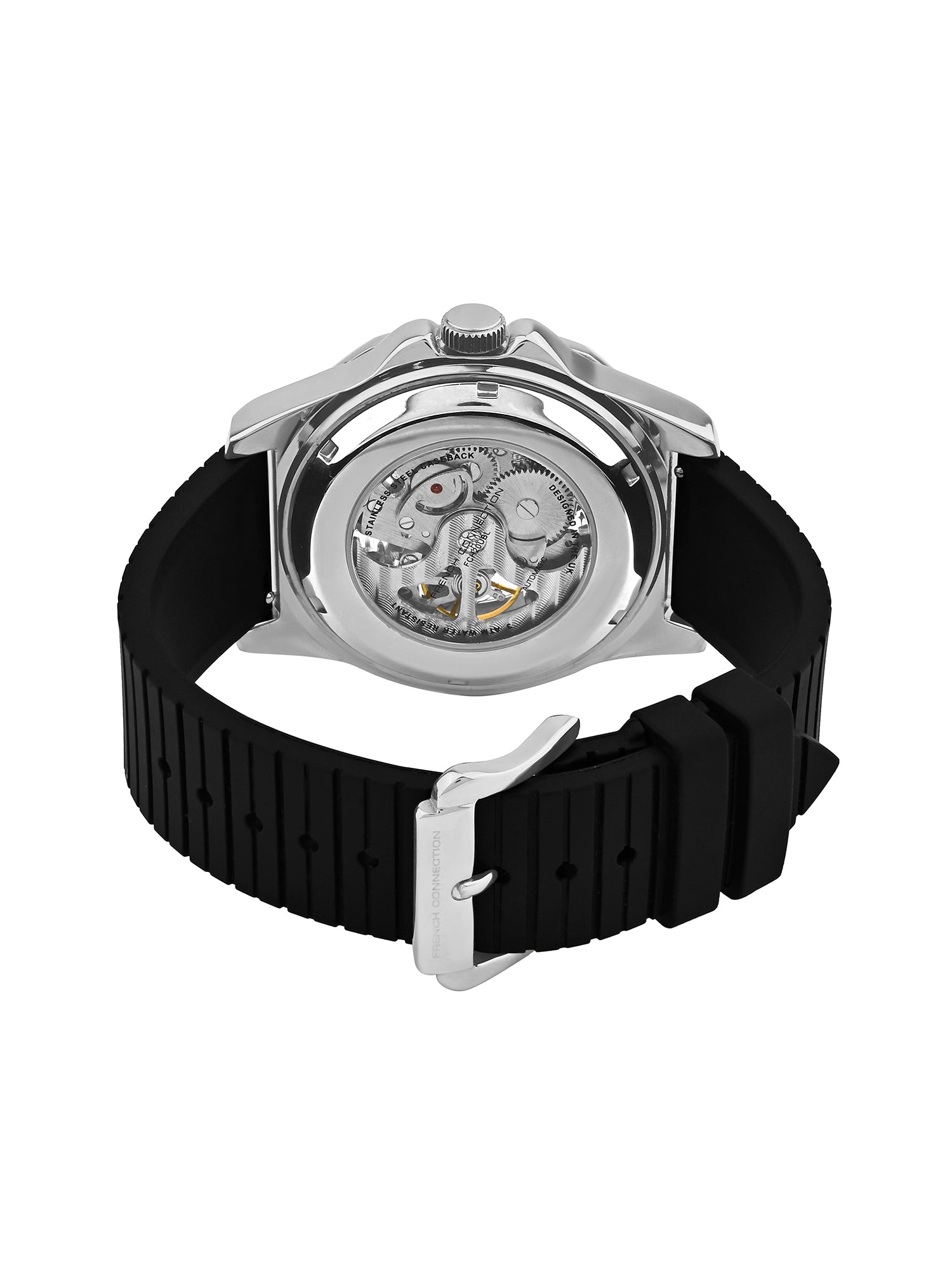 French Connection See Through Blue Round Dial With Black Silicone Strap Automatic Watch - For Mens FCA23UBL