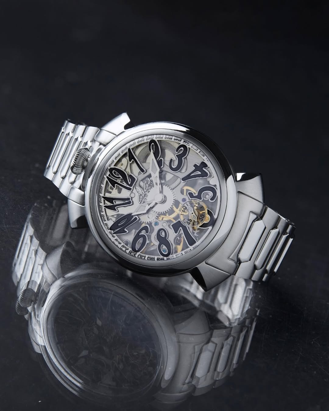 GaGa MILANO 腕時計 シルバー GaGà Milano Watch Manual Winding Mechanical 44mm Skeleton Dial Swiss M