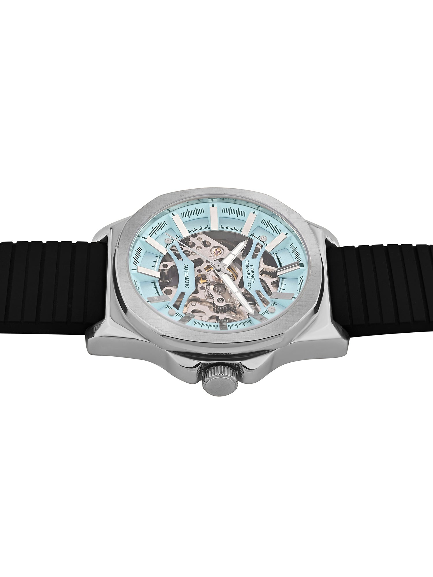 French Connection See Through Blue Round Dial With Black Silicone Strap Automatic Watch - For Mens FCA23UBL