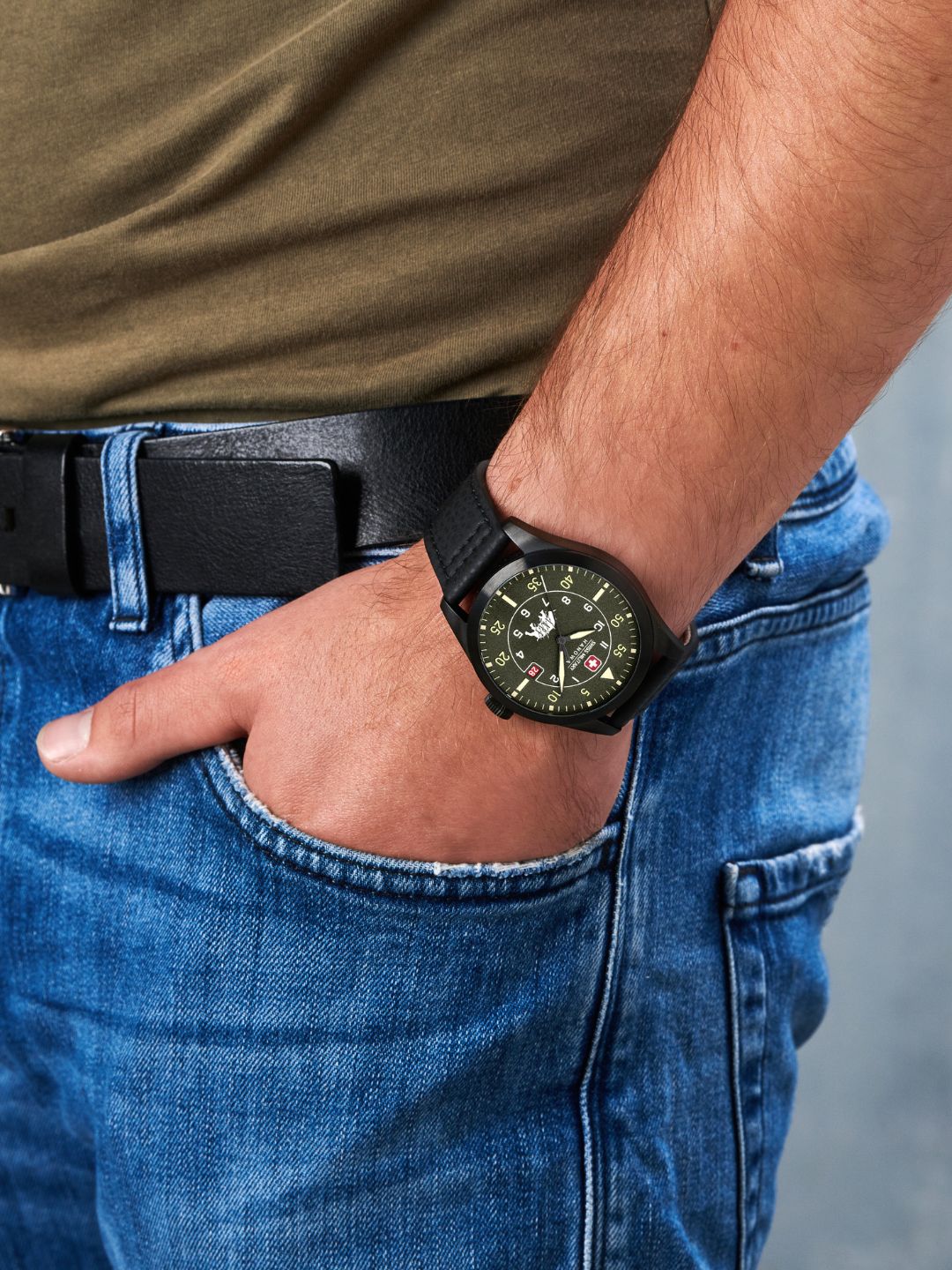 SMWGN0001231 Men's Quartz Watch with Olive Green Dial & Black Vegan Leather Strap