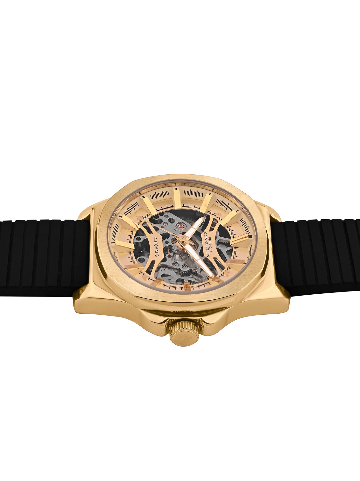 French Connection See Through Champagne Round Dial With Black Silicone Strap Automatic Watch - For Mens FCA23SBL