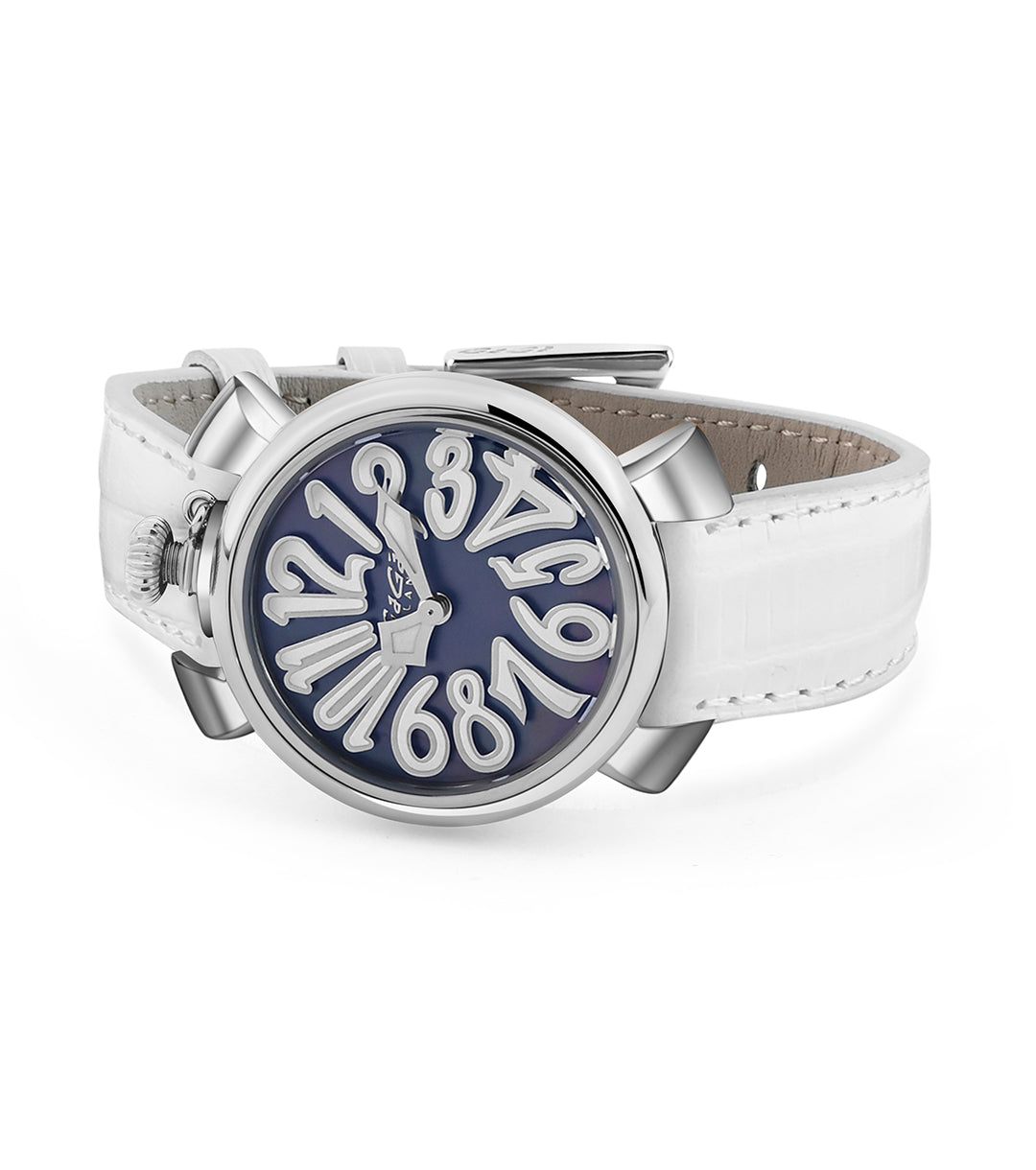 GaGà Milano Blue MOP Round Dial having a silver Case with a White Fuxia Tejus Leather Strap Watch for women - 5000MN01S0LTWH0