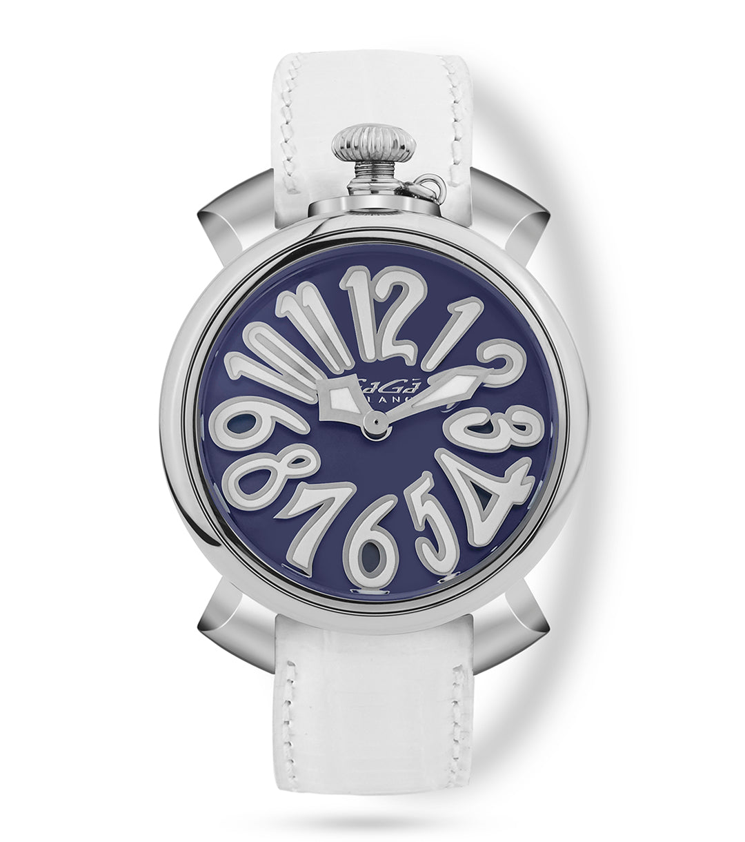 GaGà Milano Blue MOP Round Dial having a silver Case with a White Fuxia Tejus Leather Strap Watch for women - 5000MN01S0LTWH0