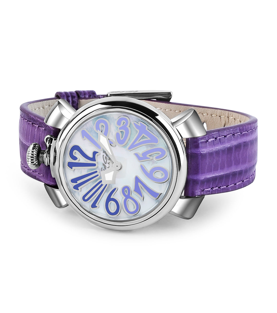 GaGà Milano White MOP Round Dial having a silver Case with a Purple Fuxia Tejus Leather Strap Watch for women - 5000MN03S0LTPR0