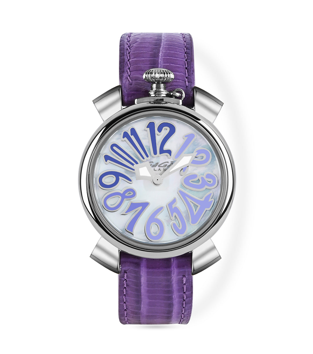 GaGà Milano White MOP Round Dial having a silver Case with a Purple Fuxia Tejus Leather Strap Watch for women - 5000MN03S0LTPR0