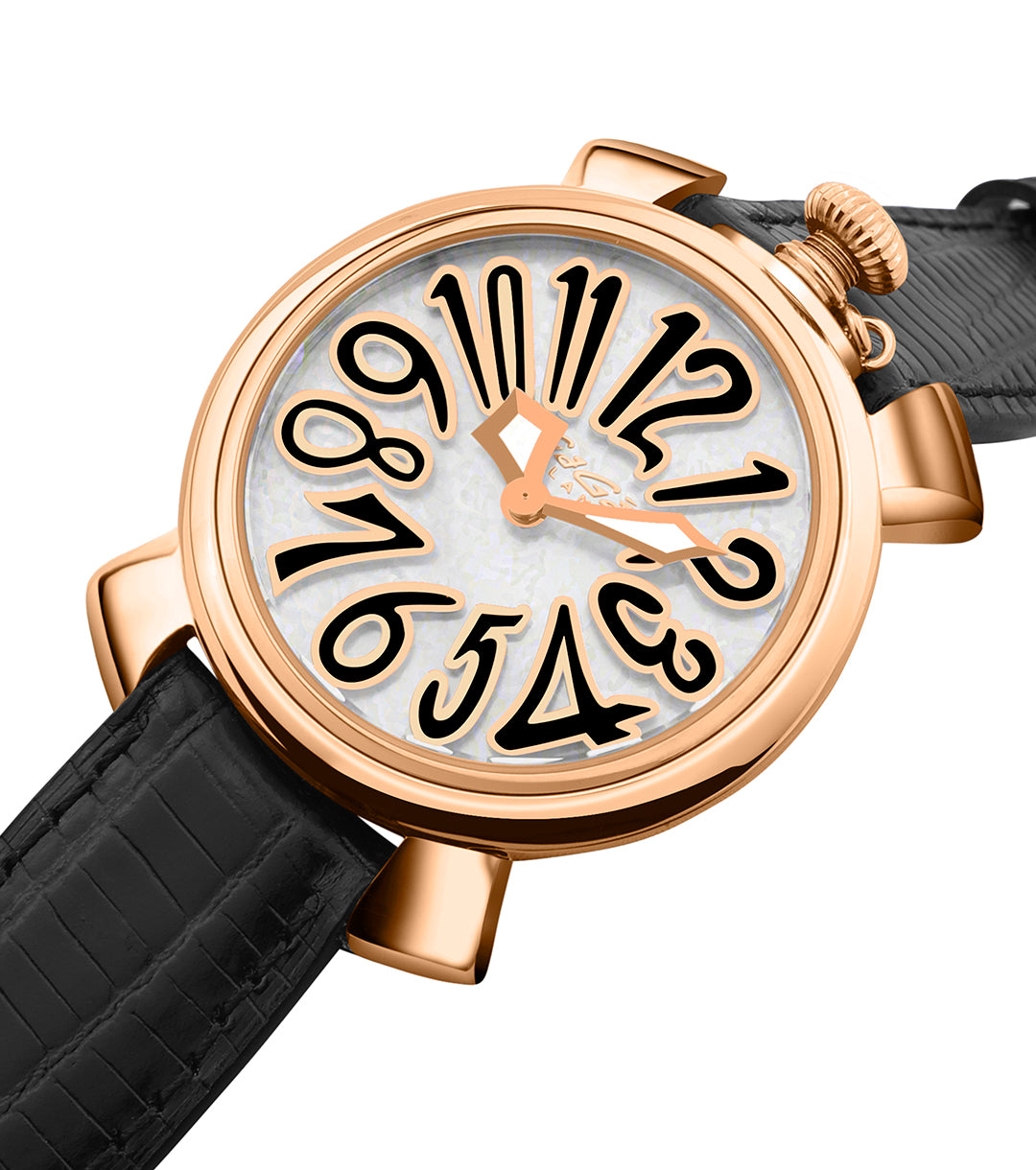 GaGà Milano White MOP Round Dial having a Rose Gold Case with a Black Fuxia Tejus Leather Strap Watch for women - 5001MN01R0LTBK0