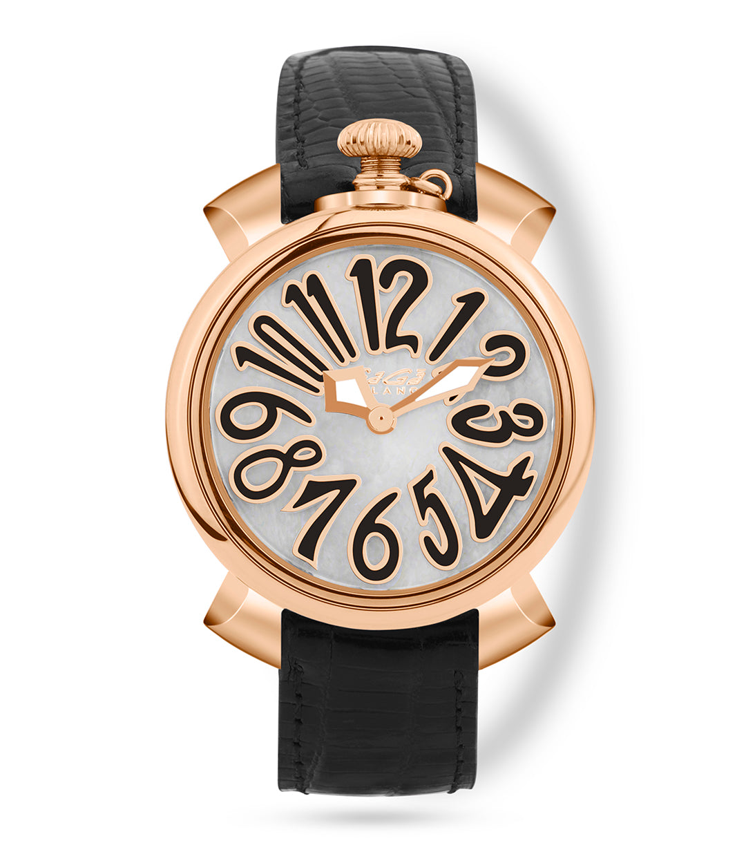 GaGà Milano White MOP Round Dial having a Rose Gold Case with a Black Fuxia Tejus Leather Strap Watch for women - 5001MN01R0LTBK0