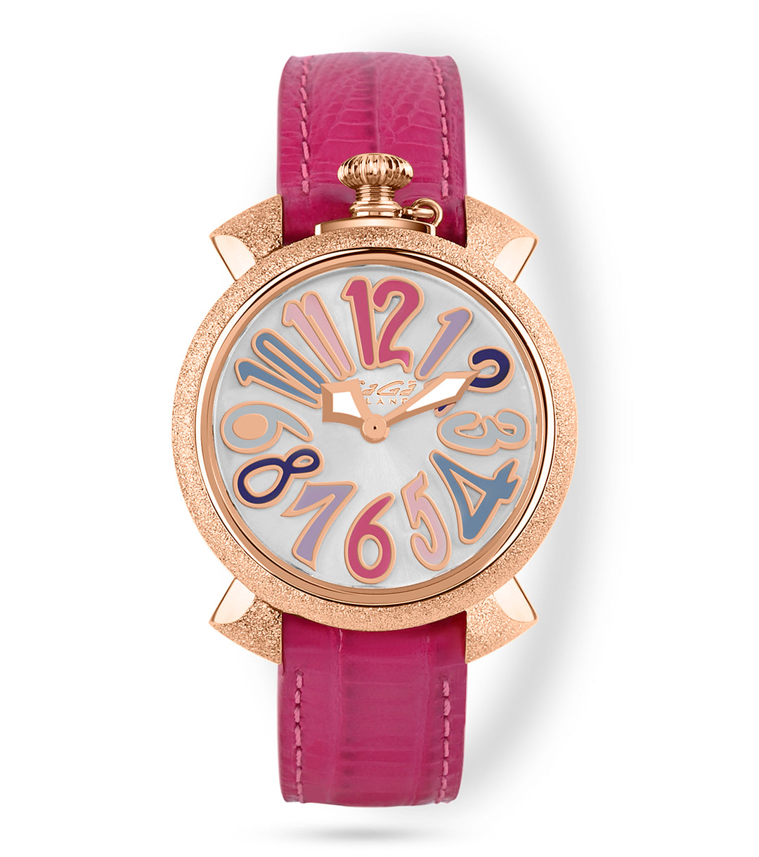 GaGà Milano White MOP Round Dial having a Shimmer Rose Gold Case with a Pink Fuxia Tejus Leather Strap Watch for women - 5001MN03RFLTFX0