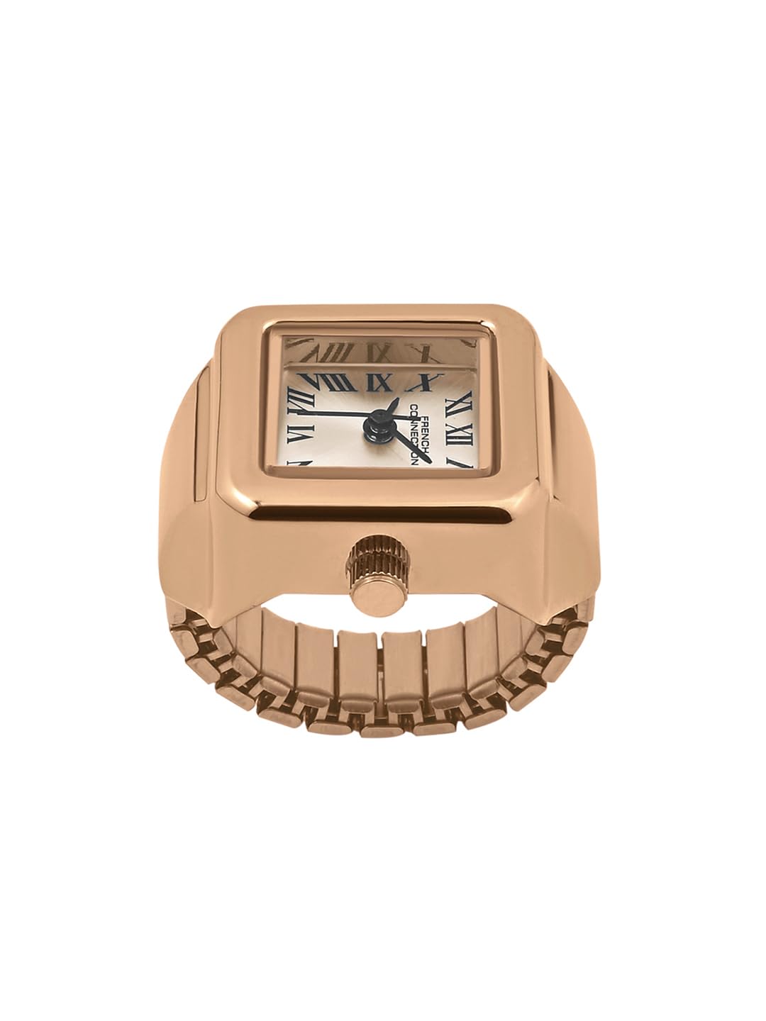 French Connection Women's Sunray Rose Gold Dial Analog Ring Watch FCR03RGM | Square Ring Case