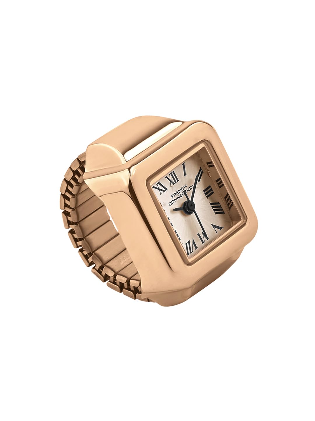 French Connection Women's Sunray Rose Gold Dial Analog Ring Watch FCR03RGM | Square Ring Case