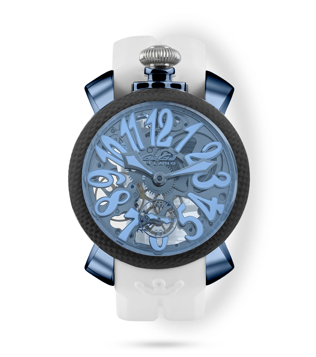 GaGà Milano Blue Round Skeleton Dial Manual Winding Mechanical Classic Design Carbon Case Swiss Made watch for Unisex - 5317CG01BCSYWH0