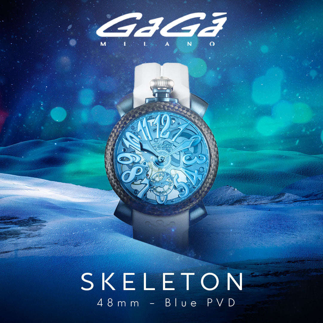 GaGà Milano Blue Round Skeleton Dial Manual Winding Mechanical Classic Design Carbon Case Swiss Made watch for Unisex - 5317CG01BCSYWH0