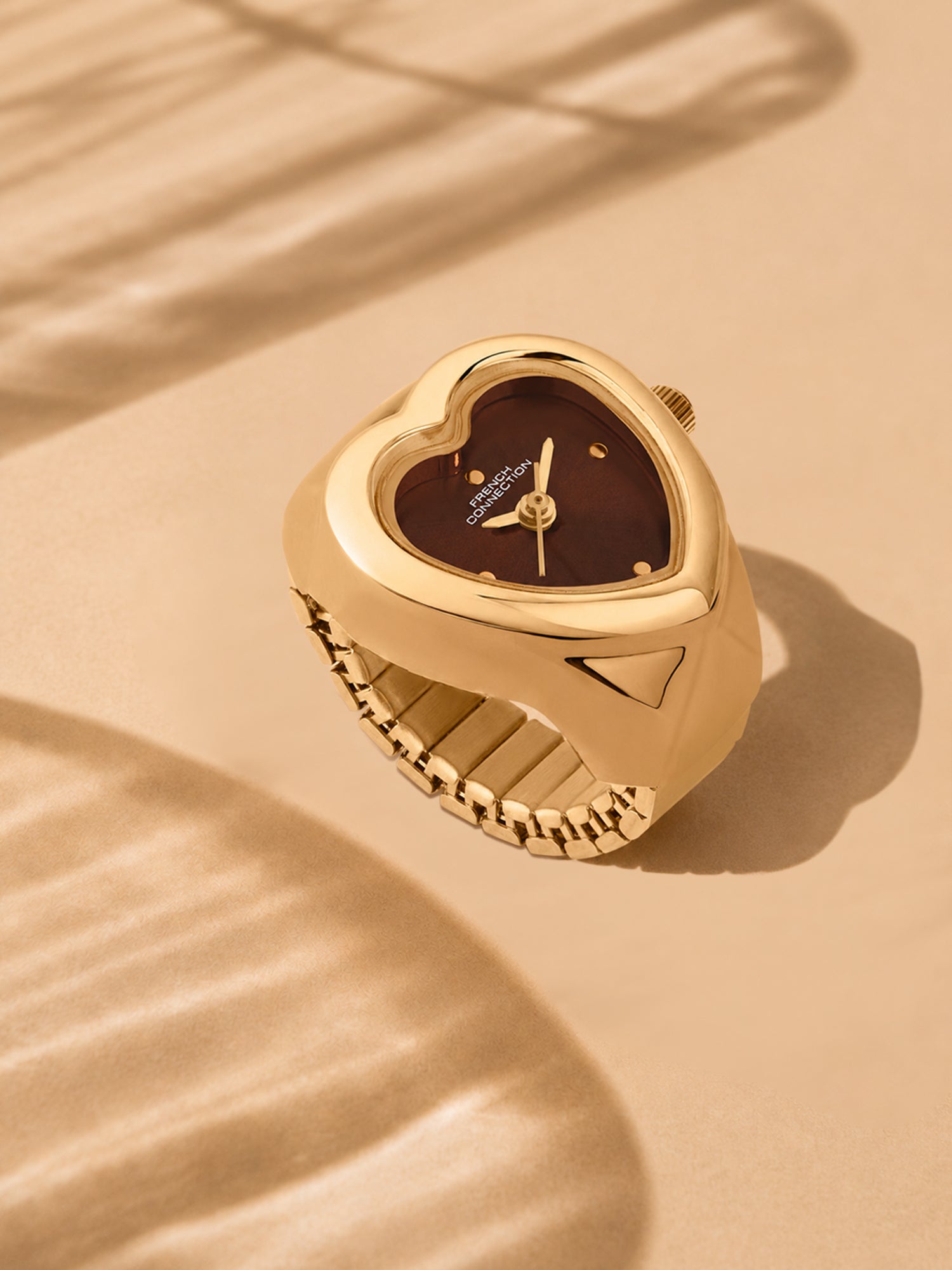 French Connection Women's Sunray Brown Rose Gold Dial Analog Ring Watch FCR04BRGM | Two-Tone Round Case