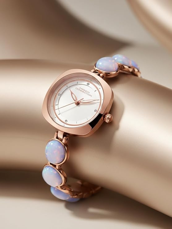 French Connection Sunray Silver Round Dial With Stone Strap Watch - For Womens FCD2RGM