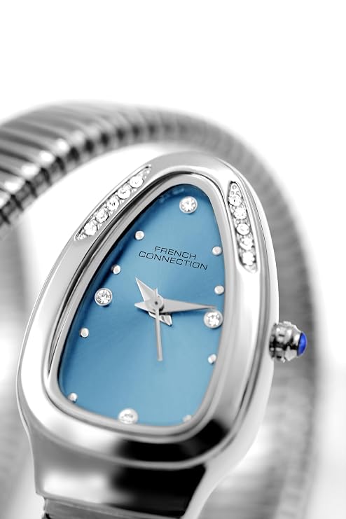 French Connection The Mystic Curve Women's Silver Watch | Rhinestones Blue Sunray Dial Analog Watch – For Women FCN0110SM