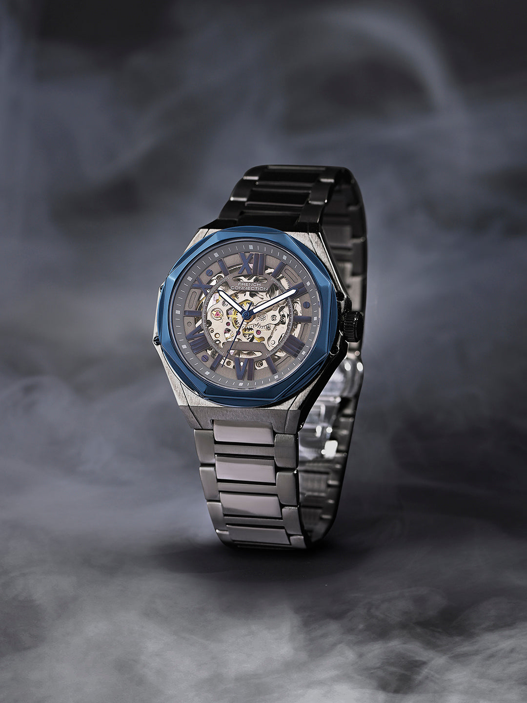 French Connection See Through Grey Round Dial With Gun Stainless Steel Strap Automatic Watch - For Mens FCA17GNM