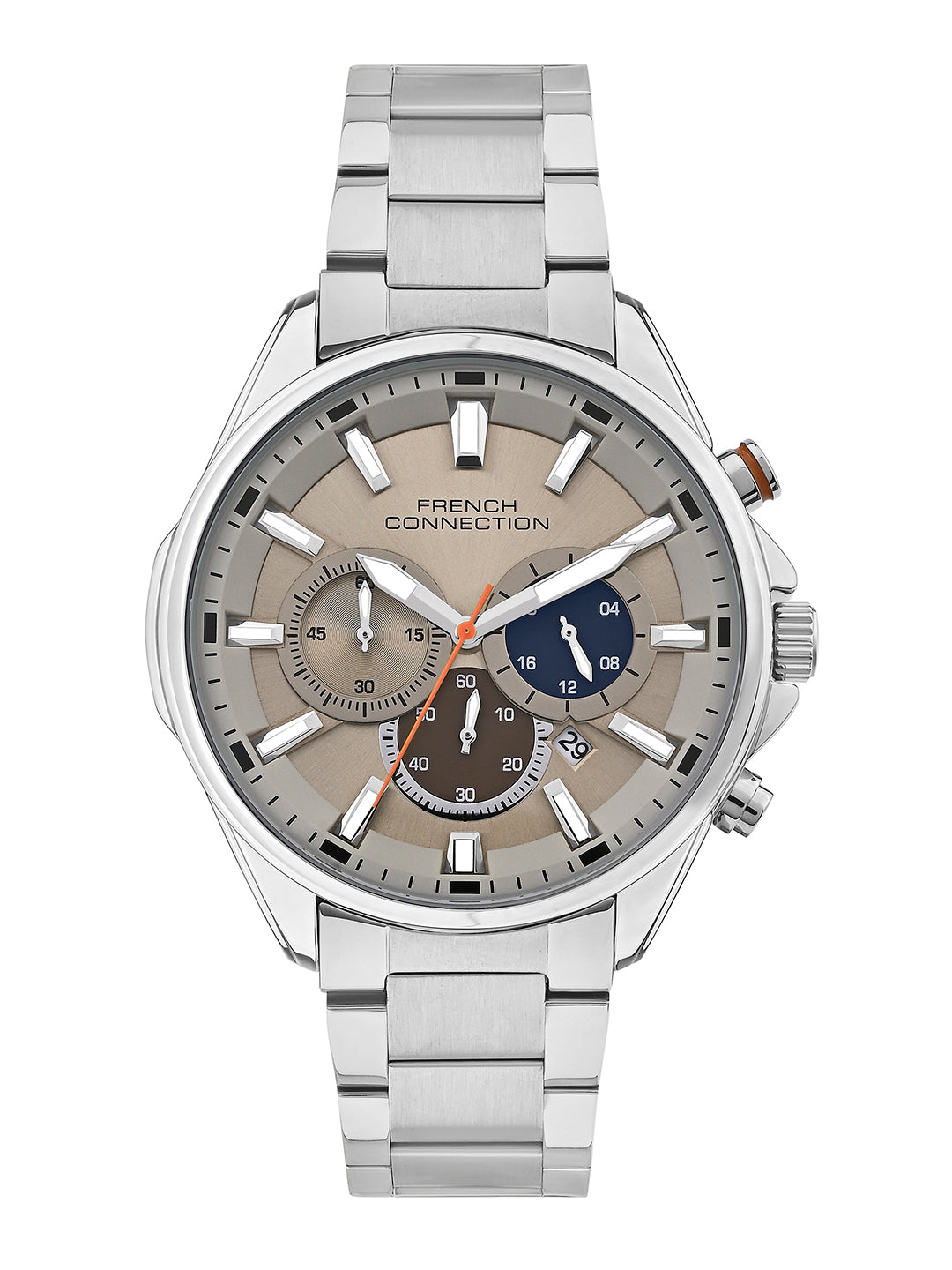 French Connection Silver Round Dial With Stainless Steel Strap Chronograph Watch - For Mens FCO3SM