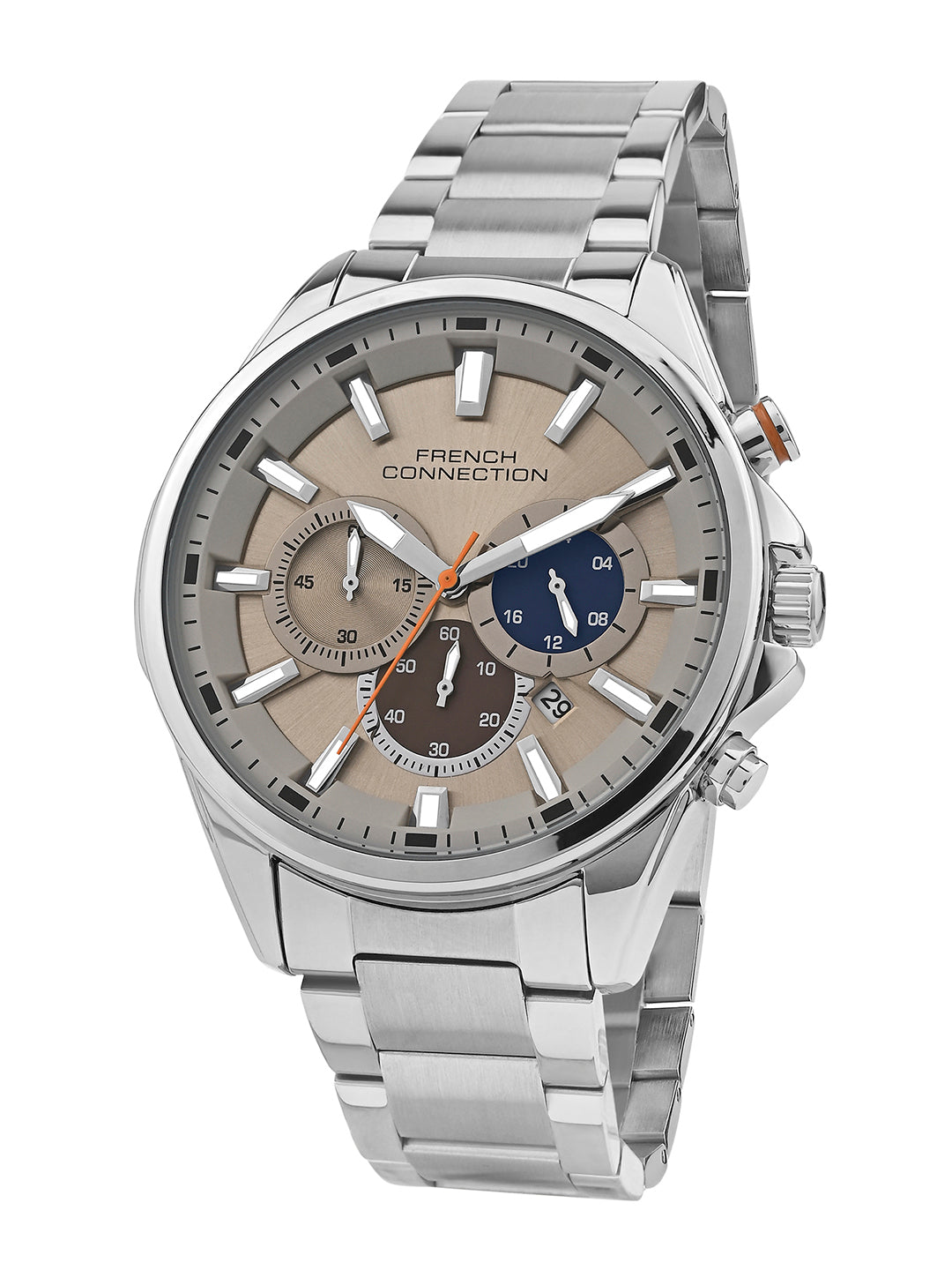 French Connection Silver Round Dial With Stainless Steel Strap Chronograph Watch - For Mens FCO3SM