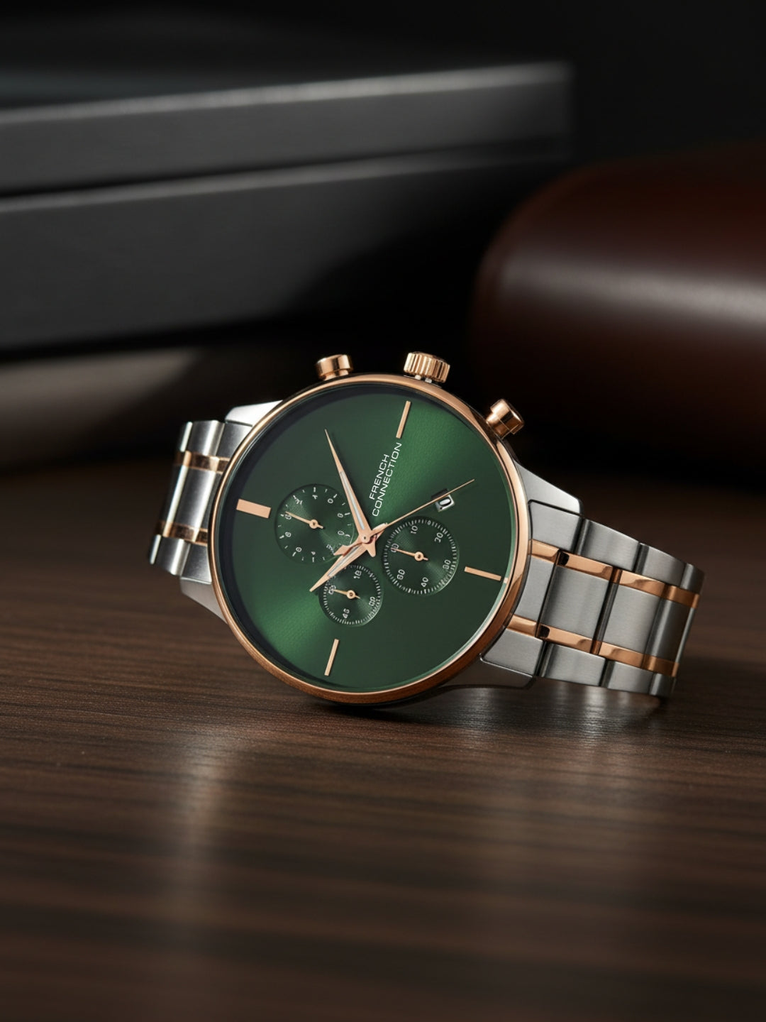 French Connection Green Embossed Round Dial With Rose Stainless Steel Strap Chronograph Watch - For Mens FCO5RTM