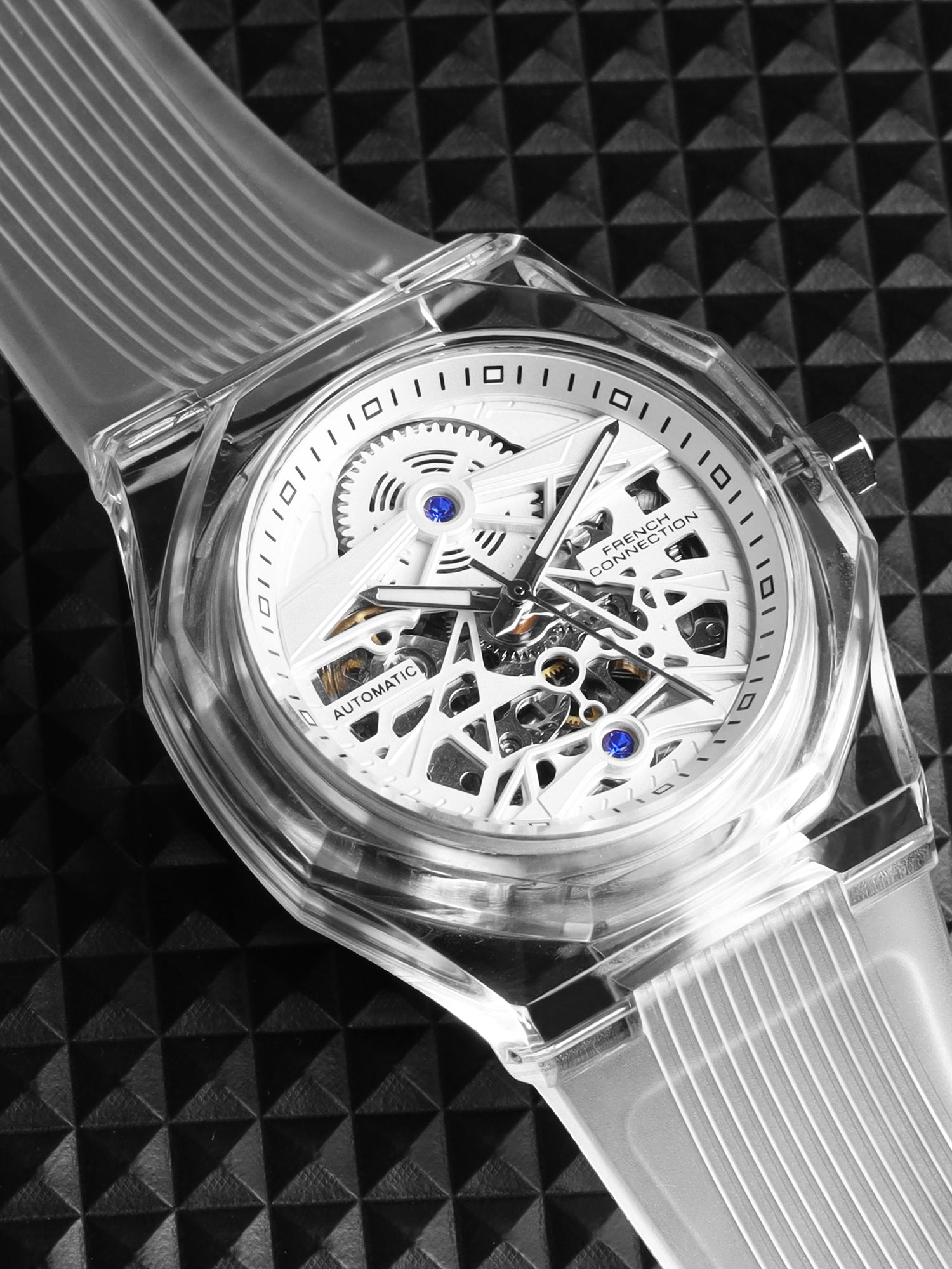 French Connection FCA09-3 men’s analog automatic watch with white skeleton round dial and white silicon strap – premium branded wristwatch for men