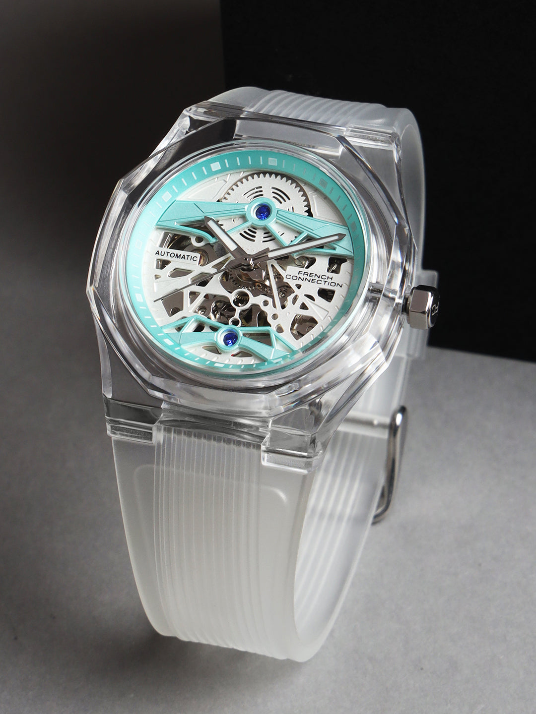 French Connection FCA09-3 men’s automatic watch with blue skeleton dial and white textured silicon strap – premium automatic wristwatch for men