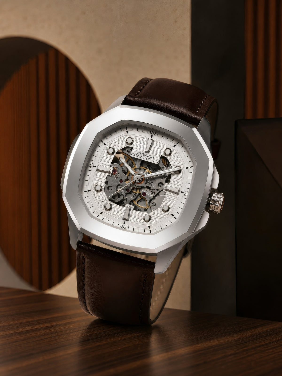 French Connection Brown Automatic Watch for Men | White Dial & Leather Strap | Classic & Premium Design Automatic Watch - FCA13BRL