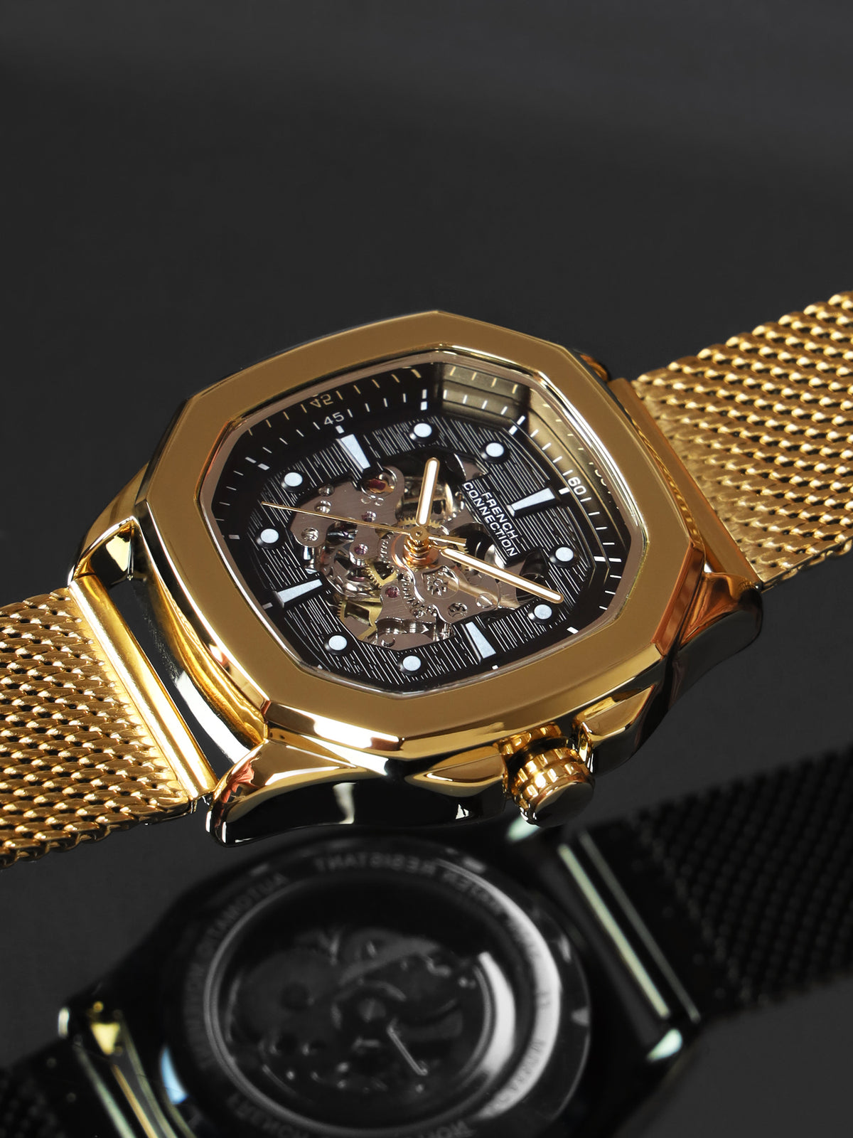 French Connection FCA13GM Men's Automatic Watch β Black Dial with Gold Mesh Strap