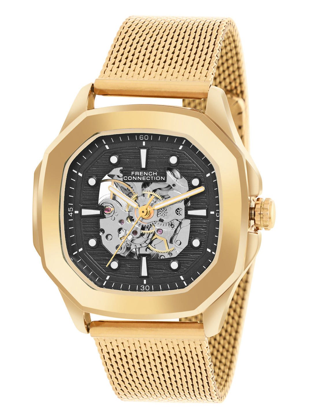 French Connection FCA13GM Men's Automatic Watch β Black Dial with Gold Mesh Strap